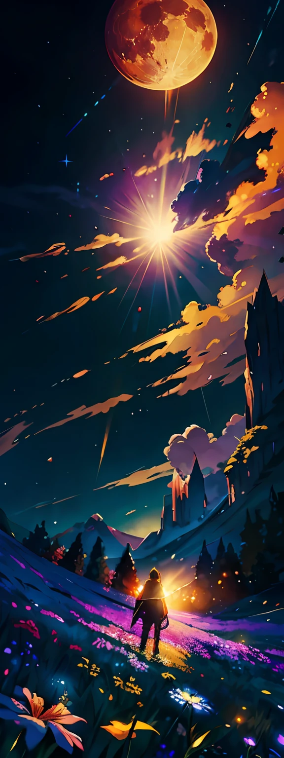 A wide landscape photo, (viewed from below, the sky is above, and the open field is below), a girl standing on a flower field looking up, (full moon: 1.2), (meteor: 0.9), (nebula: 1.3), distant mountains , Trees BREAK Crafting Art, (Warm Light: 1.2), (Firefly: 1.2), Lights, Lots of Purple and Orange, Intricate Details, Volumetric Lighting BREAK (Masterpiece: 1.2), (Best Quality), 4k, Ultra Detailed, (Dynamic Composition: 1.4), Rich in Detail and Color, (Rainbow Color: 1.2), (Glow, Atmospheric Lighting), Dreamy, Magical, (Solo: 1.2)