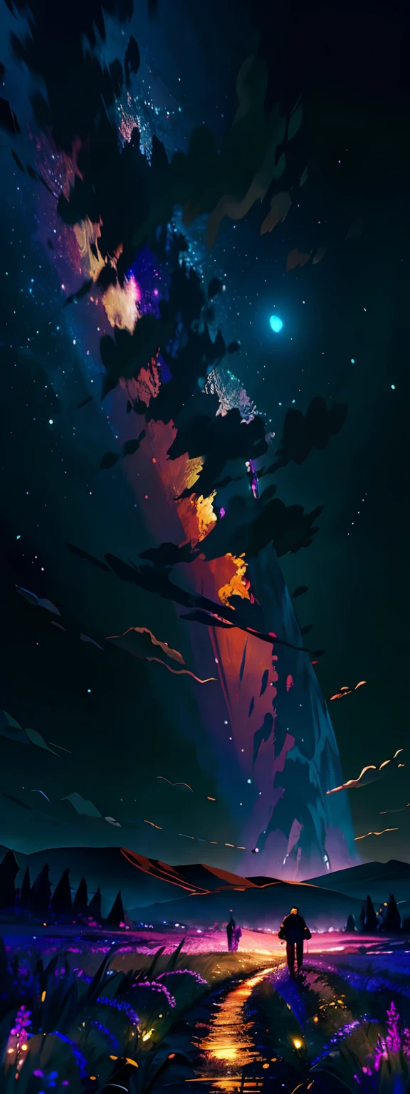 A wide landscape photo, (viewed from below, the sky is above, and the open field is below), a girl standing on a flower field looking up, (full moon: 1.2), (meteor: 0.9), (nebula: 1.3), distant mountains , Trees BREAK Crafting Art, (Warm Light: 1.2), (Firefly: 1.2), Lights, Lots of Purple and Orange, Intricate Details, Volumetric Lighting BREAK (Masterpiece: 1.2), (Best Quality), 4k, Ultra Detailed, (Dynamic Composition: 1.4), Rich in Detail and Color, (Rainbow Color: 1.2), (Glow, Atmospheric Lighting), Dreamy, Magical, (Solo: 1.2)