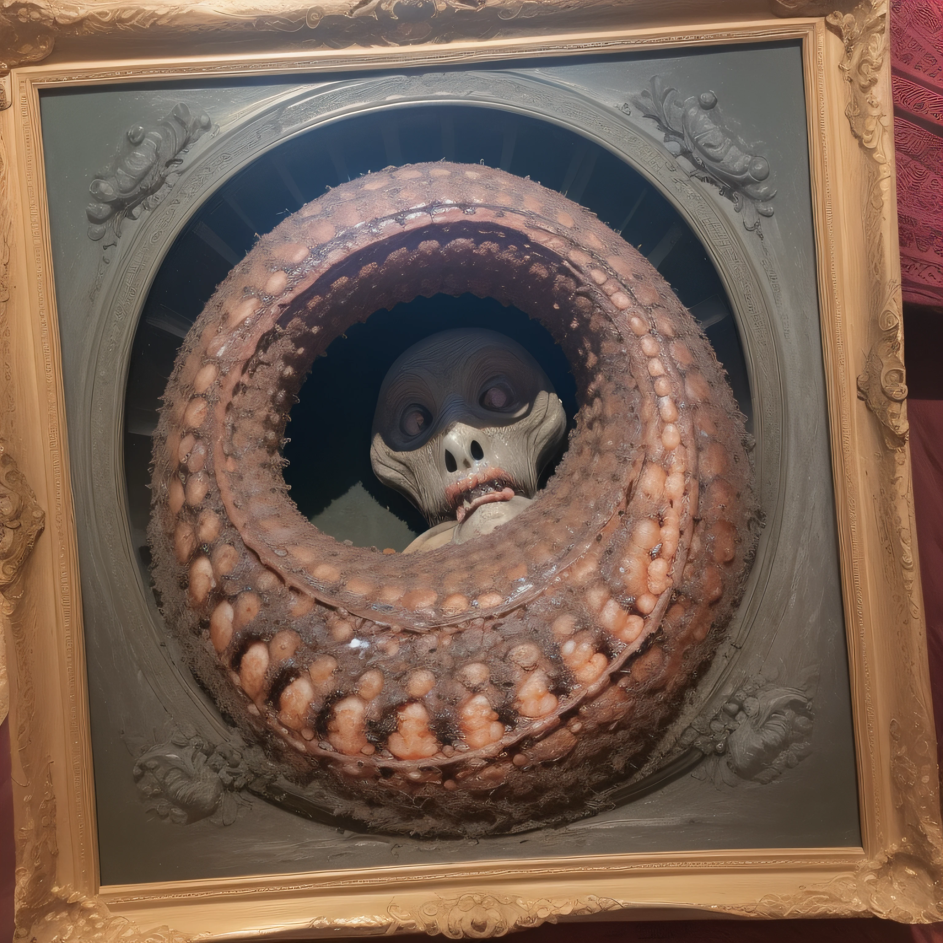 (extremadamente detallado, obra maestra, La mejor calidad), Estilo oscuro, intense illumination, rostro con arrugas, lengua larga, tentacle, deforme, monstruoso, alien con Colmillos finos, pico de pulpo amenazante. manchas de tinta. Rococo composition. Luz de caravaggio