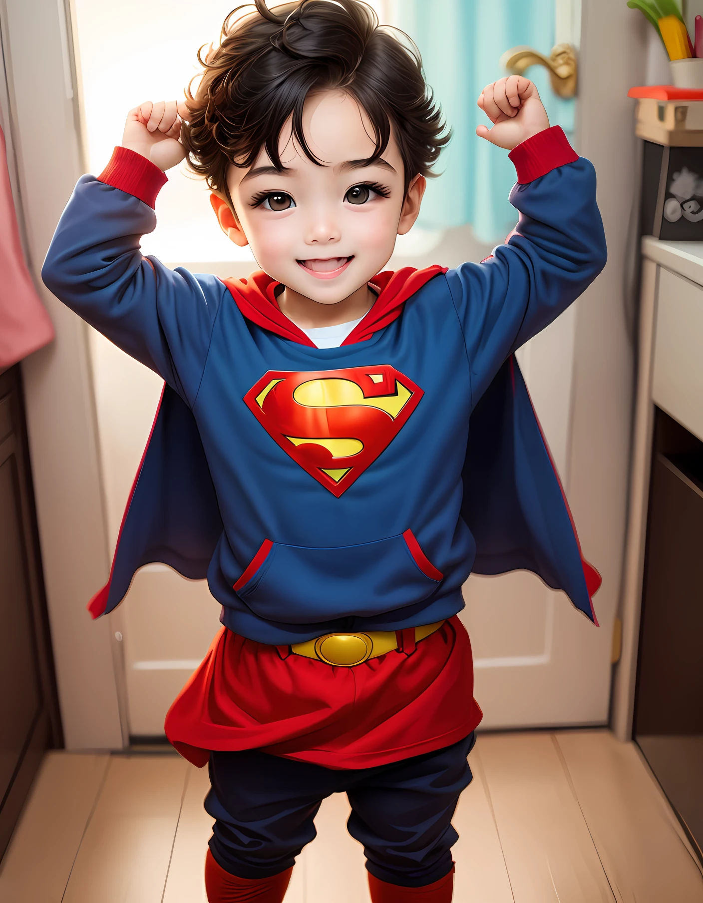e kidoy com roupa de superman, na escola, feliz, realista