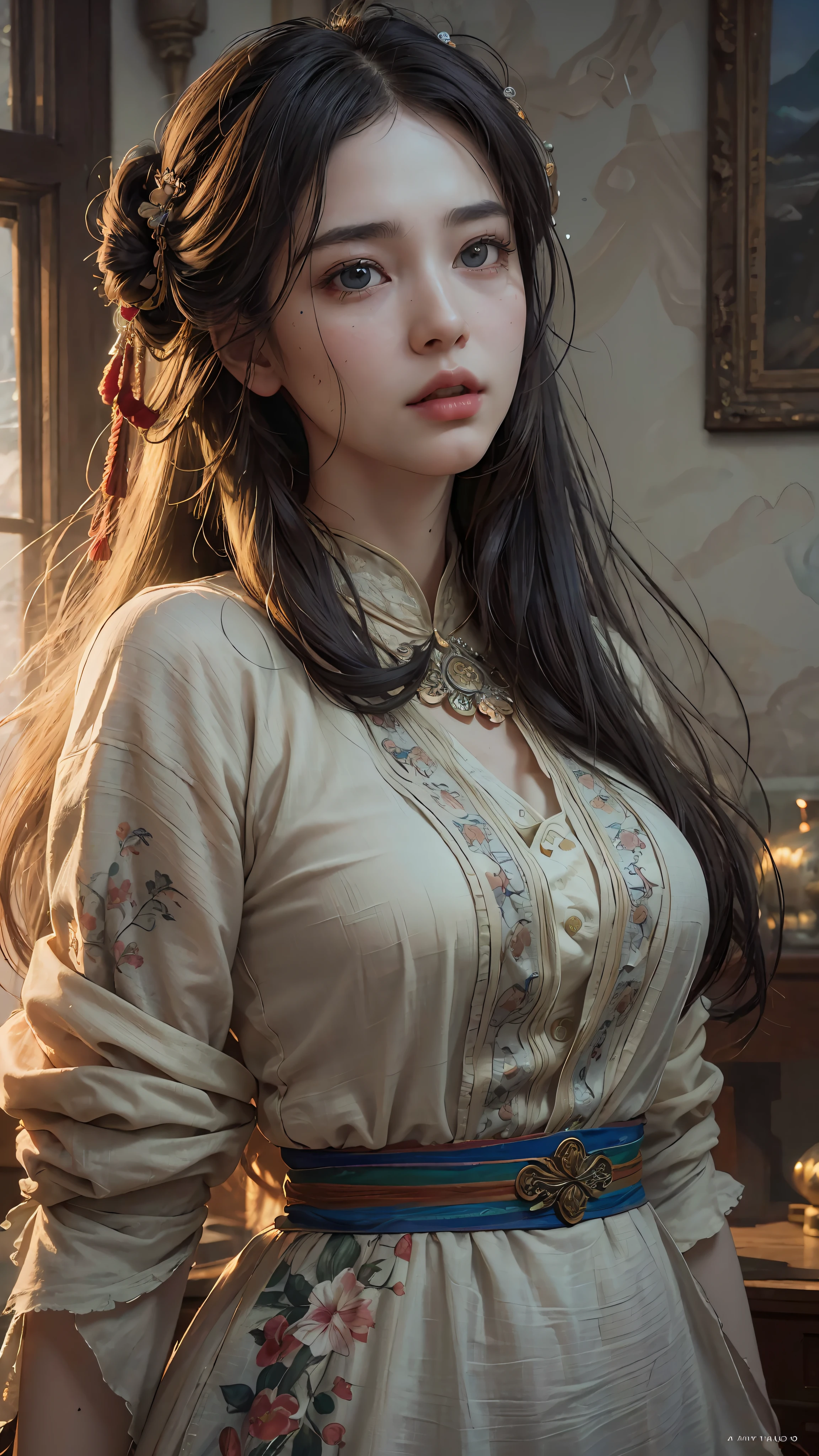 (RAW photo, best quality), (realistic, photo-realistic:1.3),best quality,highly detailed,masterpiece,ultra-detailed,illustration,1girl,upper_body,dynamic angle,world masterpiece theater,messy_long_hair,best quality,extremely detailed CG unity 8k wallpaper,ink,Amazing,cinematic lighting,lens_flare,,dunhuang_style