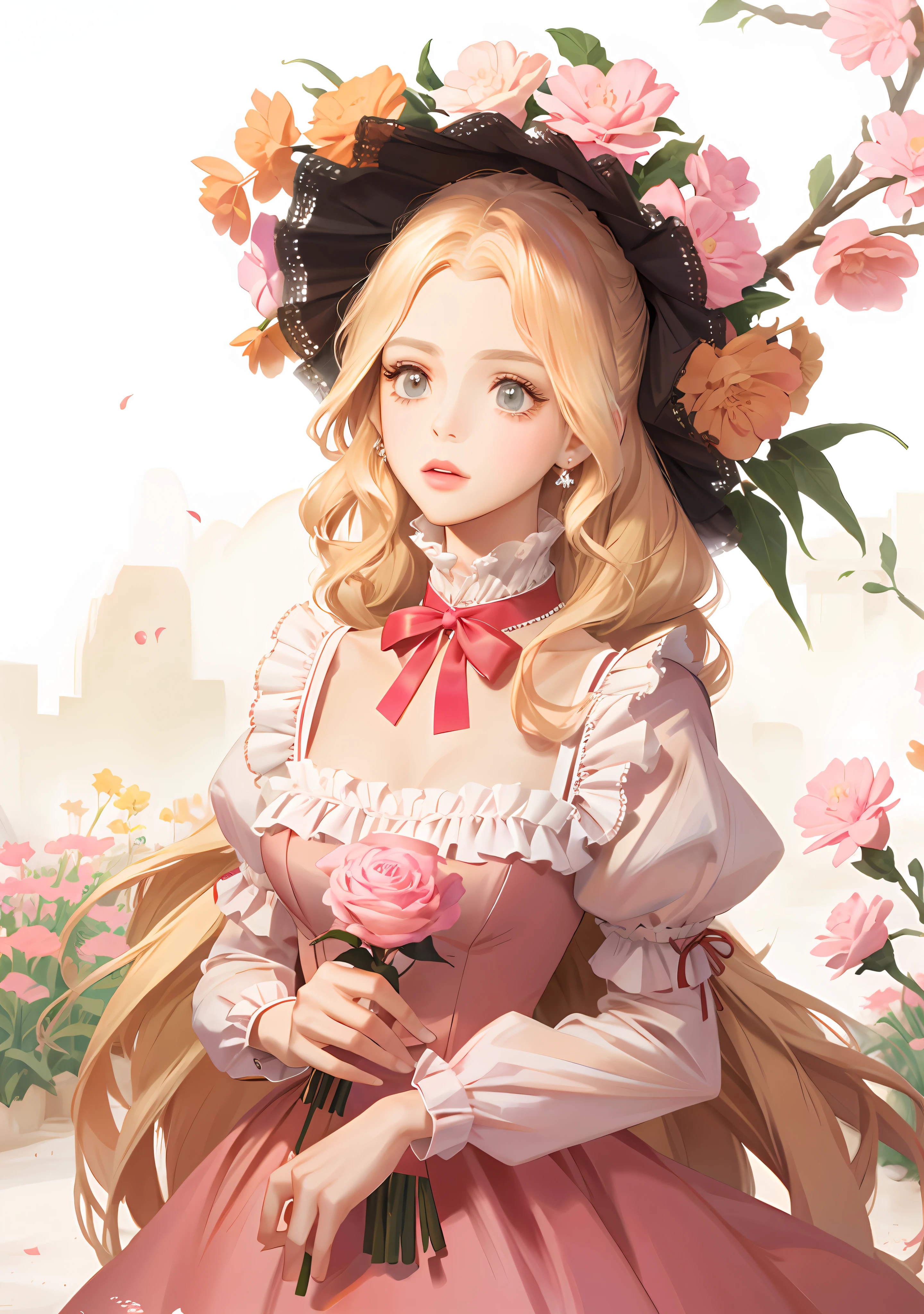 Lolita, pink dress flowers, blond hair, perfect figure, delicate facial features