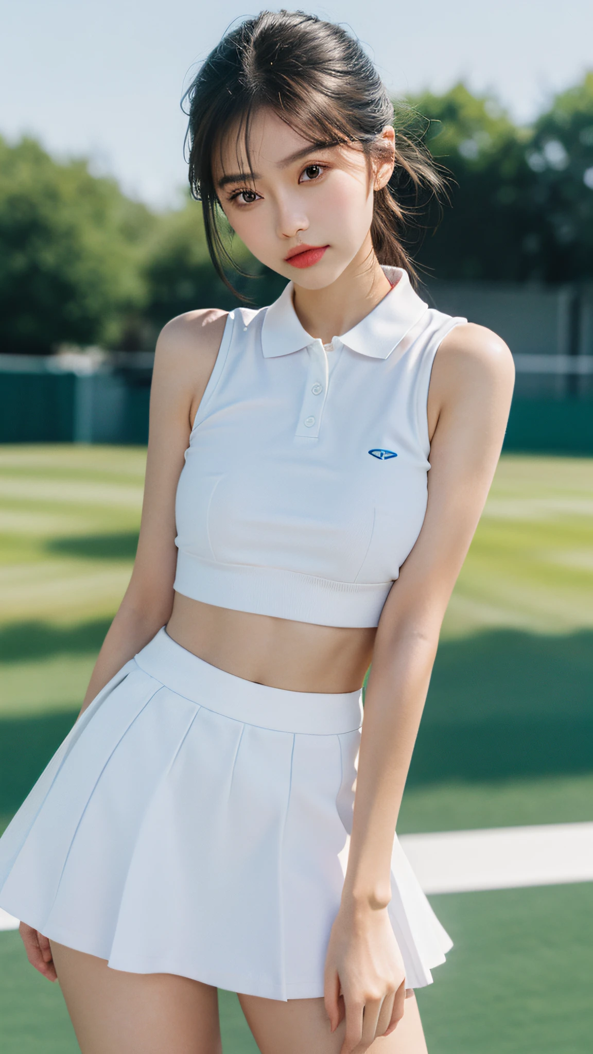 1girll, 独奏, White polo shirt, White sneakers, tennis wear, white mini-skirt, tmasterpiece, Best quality at best, realisticlying, ultra - detailed, (shiny skins, perspired:1.4), looking at viewert, with short black hair, with brown eye,slenderness,Dynamic light and shadow,A high resolution,Sharp focus,depth of fields,The eyes are delicate,Sharp pupils,pupil realistic,(smallunderboob:1.3),(Thigh thick:1.0),dual horsetail，exteriors,Skysky