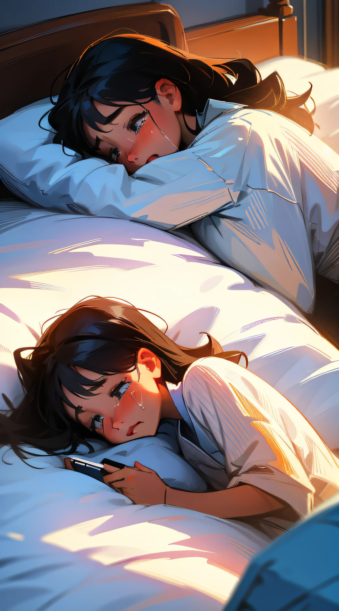 A girl crying in bed looking at her phone