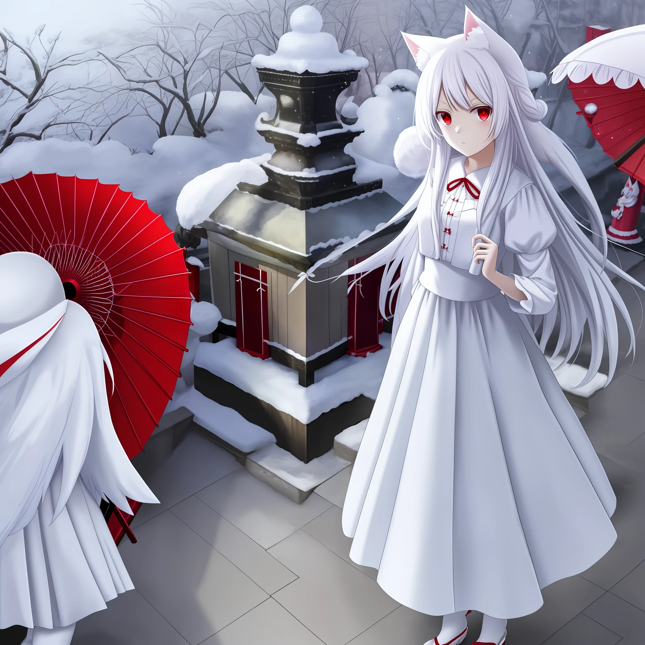 White hair, anime, shoujo, shrine, white cat ears, red witch costume, snow, red umbrella, red eyes, snow, white stockings