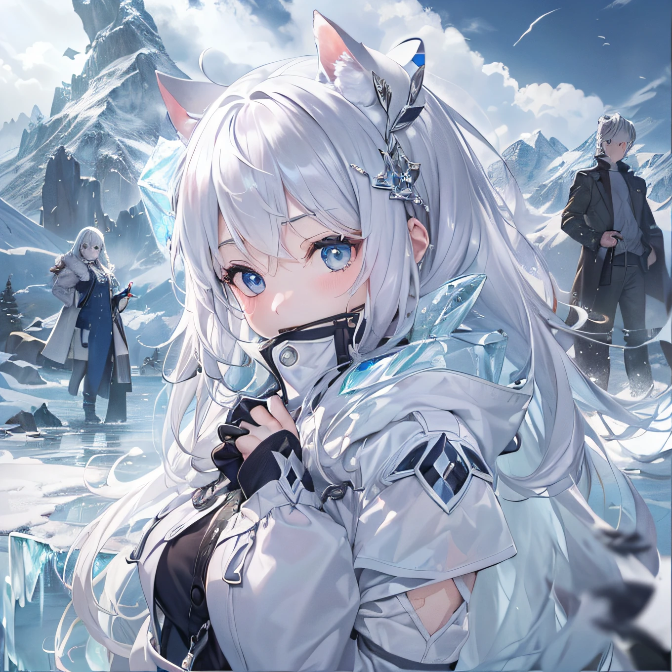 (top-quality、8K、32K、​masterpiece、nffsw:1.3)、(Photos of attractive girls)、Girl in the ice、white  hair、crime、Twin-tailed、ice field、Niō Standing、