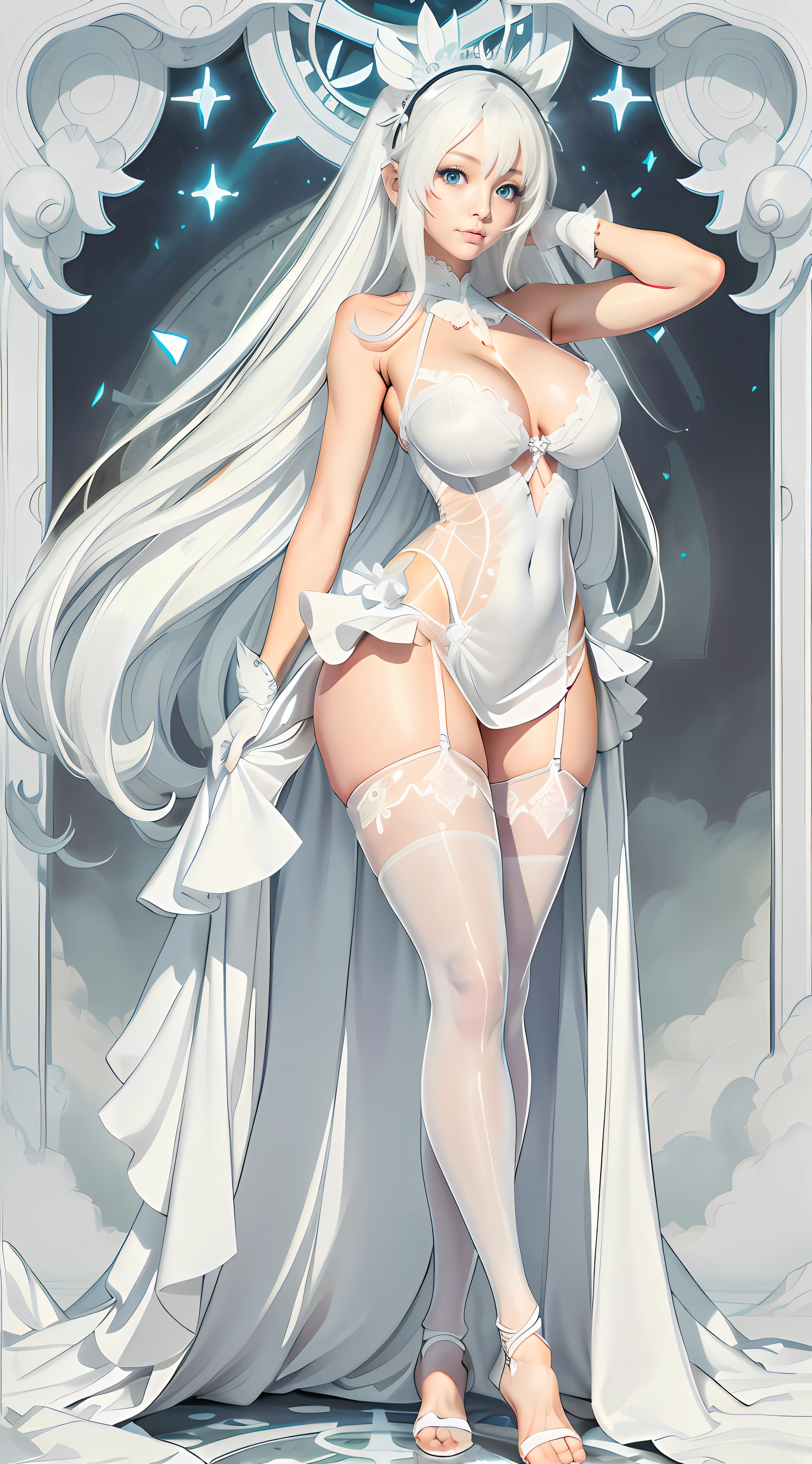 1 beautiful anime girl is perfect with long white hair is blue eyes, with a perfect body is big breasts is cracked abdomen is perfect ass, com Pele Alida Linda, em um vestido branco, White underwear visible through see-through dress, White lingerie visible through the dress, meninaele linda, is bra visible through the dress, barefoot, is with White Gloves is White Pantyhose, White lingerie visible through the dress, it's white pantyhose, is with white bra visible through the dress, usando Luvas longas e brancas usando vestido Transparente, visible underwear, luvas brancas longas, Through the Dress, ((corpo inteiro)),