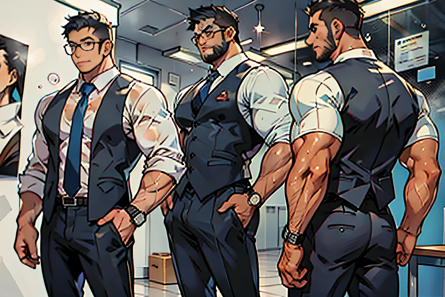 For men only, office building of a major company, glass-walled office, presentation, employee ID card hanging from the neck, office worker, businessman, glasses with black rim, business suit, tight business jacket, tight business slacks, tight and tight white long-sleeved shirt, tight and tight suit vest, business tie, suspenders, business shoes, luxury watches, men's socks, mega muscles, hyper muscle, masculine appearance, 35 years old, mature men, tight and tight-looking clothes and trousers, beautiful black eyes, handsome, fully dressed, beautiful muscles, complex and elegant, highly detailed digital painting, anime style art, art station, concept art, Top quality, masterpiece, ultra high definition, detailed background, realistic figure, muscular man, beard, muscle, volumetric lighting, depth of field, smooth and sharp focus, illustration, art, black face hair, cropped hair, black hair, muscle, navel, muscle, male, gay, hyper muscle, male focus, muscular male, yaoi, muscle, big buttocks, pectoral muscles, thick quadriceps, wide shoulder width, big latissimus dorsi, big biceps, thighs, wet body, heat and steam emanating from the body, sweaty, soaked, crotch, big back, turn around, show back, showing ass, upper class, shiny oiled skin, glittering oiled skin, tanned skin, bubble buttocks, muscular anime man, gigachado muscles, muscles!, high resolution commission, beef cake pose, Muscular!, Super Buff and Cool, Muscle!, Top Rated on pixiv, Super Buff and Cool, SFW Version, Multiple Guys, Multiple Ass Side by Side, Aligned in a Row, Focus on Butt, Focus on Ass, Focus on Ass, harem