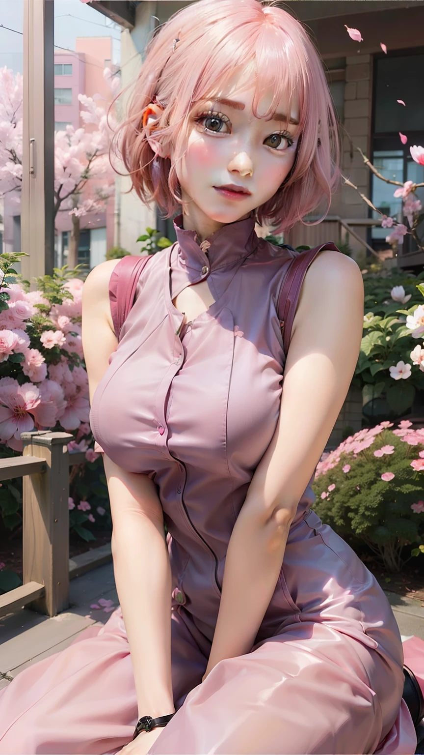 1girl, haruno sakura, pink hair, short hair, green eyes, pink clothes, realistic, ultra detail