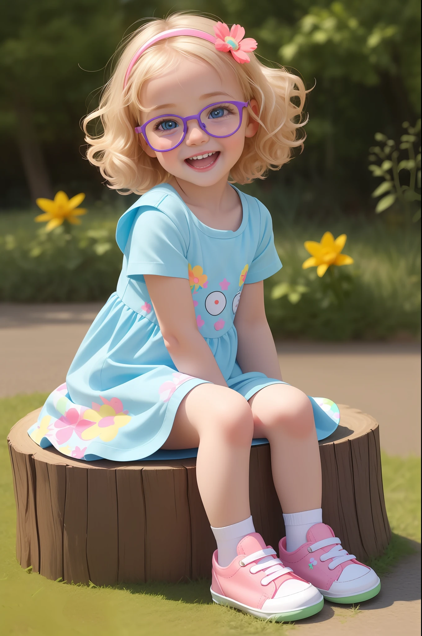 best quality, ultra high res, detailed face, realistic face, RAW photo, a park, sitting on tree stump, british boyl, ********** 3 years old, cute rounded face, smile, blonde hair:1.1, detailed hair, short striaght hair, blue shoes, odd socks, baby shoes, tshirt with smiley face, summer_shorts, simple shorts, cute baby clothes, rainbow tshirt, (cheerful, energetic, happy:1.4), blue eyes, best quality, ultra high res, detailed face, realistic face, RAW photo, a park, standing, british girl, *********** 10 years old, cute rounded face, rounded pink glasses, smile, light blonde hair:1.1, detailed hair, short curly hair, shoes, baby shoes, dress, summer_dress, simple dress, light bright dress, cute baby dress, floral dress, (cheerful, energetic, happy:1.4), blue eyes, hair small clip with pink and yellow flower,