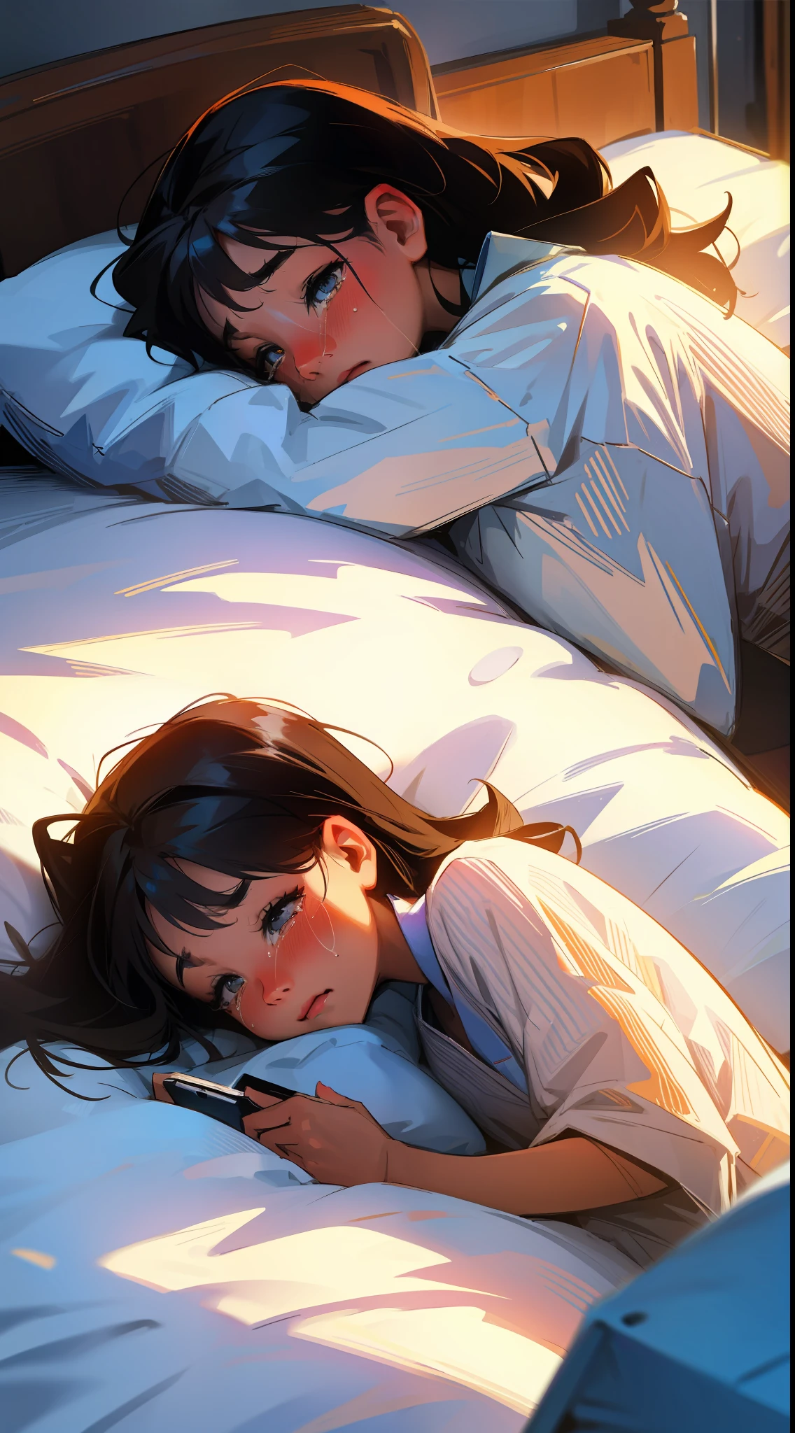 A girl crying in bed looking at her phone