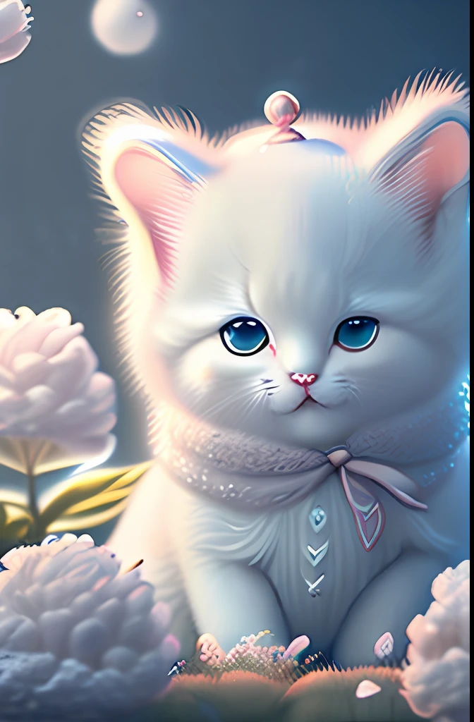 In this ultra-detailed CG art, cute kitty surrounded by ethereal roses, laughter, best quality, high resolution, intricate details, fantasy, cute animals, open mouths, laugh, color vibrant