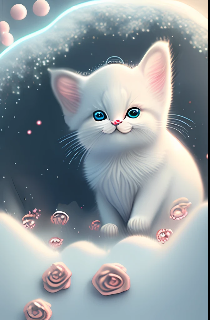 In this ultra-detailed CG art, cute kitty surrounded by ethereal roses, laughter, best quality, high resolution, intricate details, fantasy, cute animals, open mouths, laugh, color vibrant