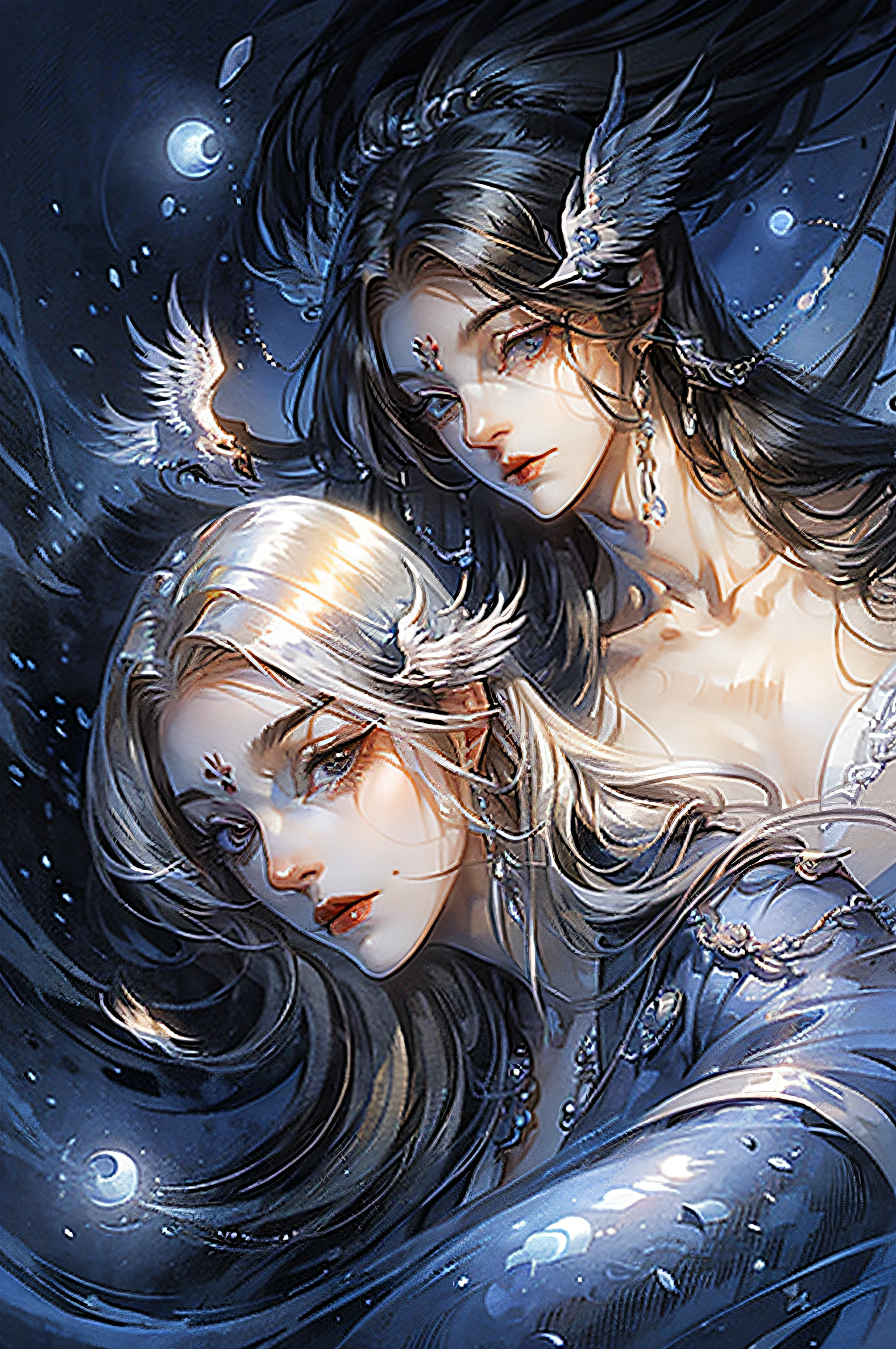 ((top-quality, A hyper-realistic, high-level image quality: 1.3, Realistic, Photorealsitic: 1.4)), Crisp focus: 1.2, goddes:1.4、Beautiful Women in Perfect Style: 1.4, Slender face: 1.2, ((Black hair, Long hair, Big: 1.2, Slender features)), Highly detailed facial and skin texture, Detailed eyes, Double eyelids, Adult Woman, Solo, Lying next to Pegasus