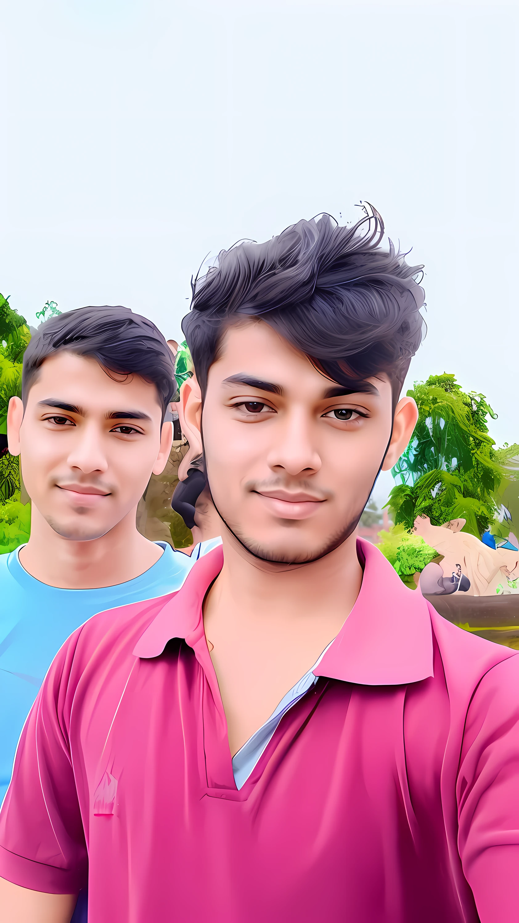 there are two handsome boy standing next to each other in a park, two young men, with accurate face, candid picture, jayison devadas, ghutra and egal, very clear picture, ayan nag, with village, selfie photo, very accurate photo, photo taken in 2 0 2 0, face picture, facebook post, roshan, clean image, student , blue sky , sun shining, perfect photography, realistic, high quality, Natural, 8k.