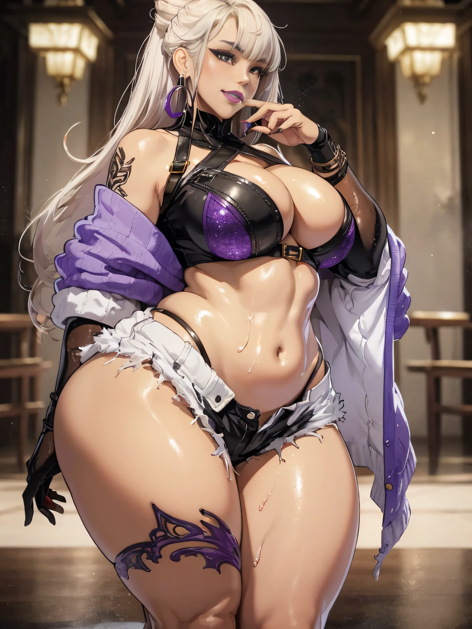 Elaborate CG artwork, (best qualtiy, exquisite detailing, absolute masterpiece), (Head to Toe Image)), ((Full body image)), ((posterior view)), (Opening legs),(plus size model)), (chubby), (Beautiful mature woman with legs open with mahogany black skin、Wearing too small tight white shorts and high heels), (mahogany colored dark skin))), (Light silver hair))), Detailed beautiful mature face, very detailed beautiful face and eyes, (detailed seductive and sharp eyes), (plump shiny purple lips)), (Purple Eye Shadow), blush, (sadistic seductive smile), (Curvaceous), ( unbelievably huge curvaceous hips), (very huge sensual ass), (ridiculously massive thick thighs), (glittery skin), (wet oily skin), Fingernail Art, Jewelry, Bracelet, hoop earrings, asymmetrical bangs, striated hair, Blonde hair, asymmetrical bangs, half updo,(From below)