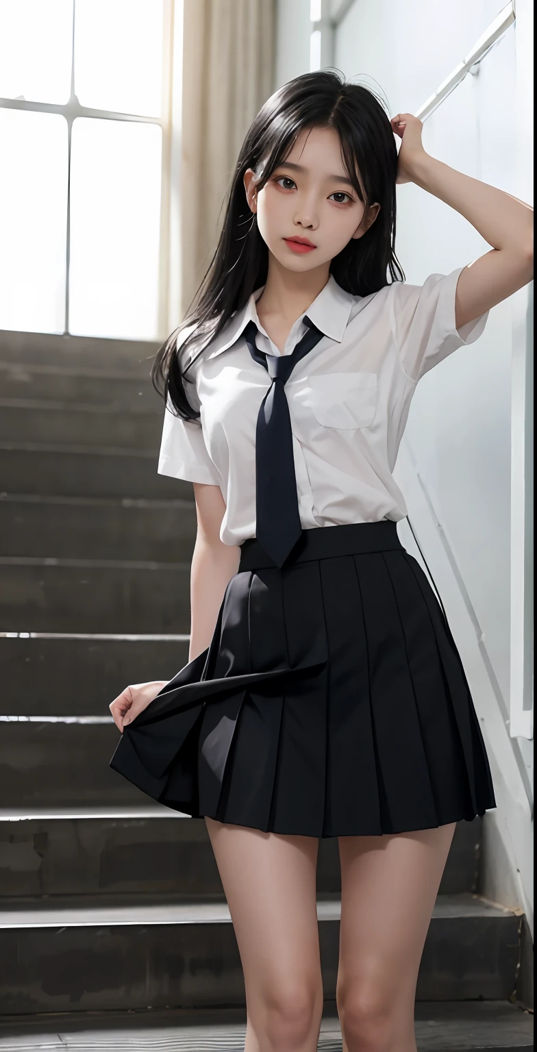 Summer School Uniform Shirts、Ribbon tie、skirt by the、school classrooms、stairs at school、Chest thrusting pose、Pose to show off your breasts、8K RAW Photos、hight resolution、Smaller chest、beautiful eyes finely detailed、long eyeslashes、Beautiful double eyelids、eyeshadows、eye line、Slender eyes、elongated eye shape、beautiful and very thin legs、beautiful and very thin thighs,、Tie your hair behind your head、耳Nipple Ring、Straight black hair、Gray eyes