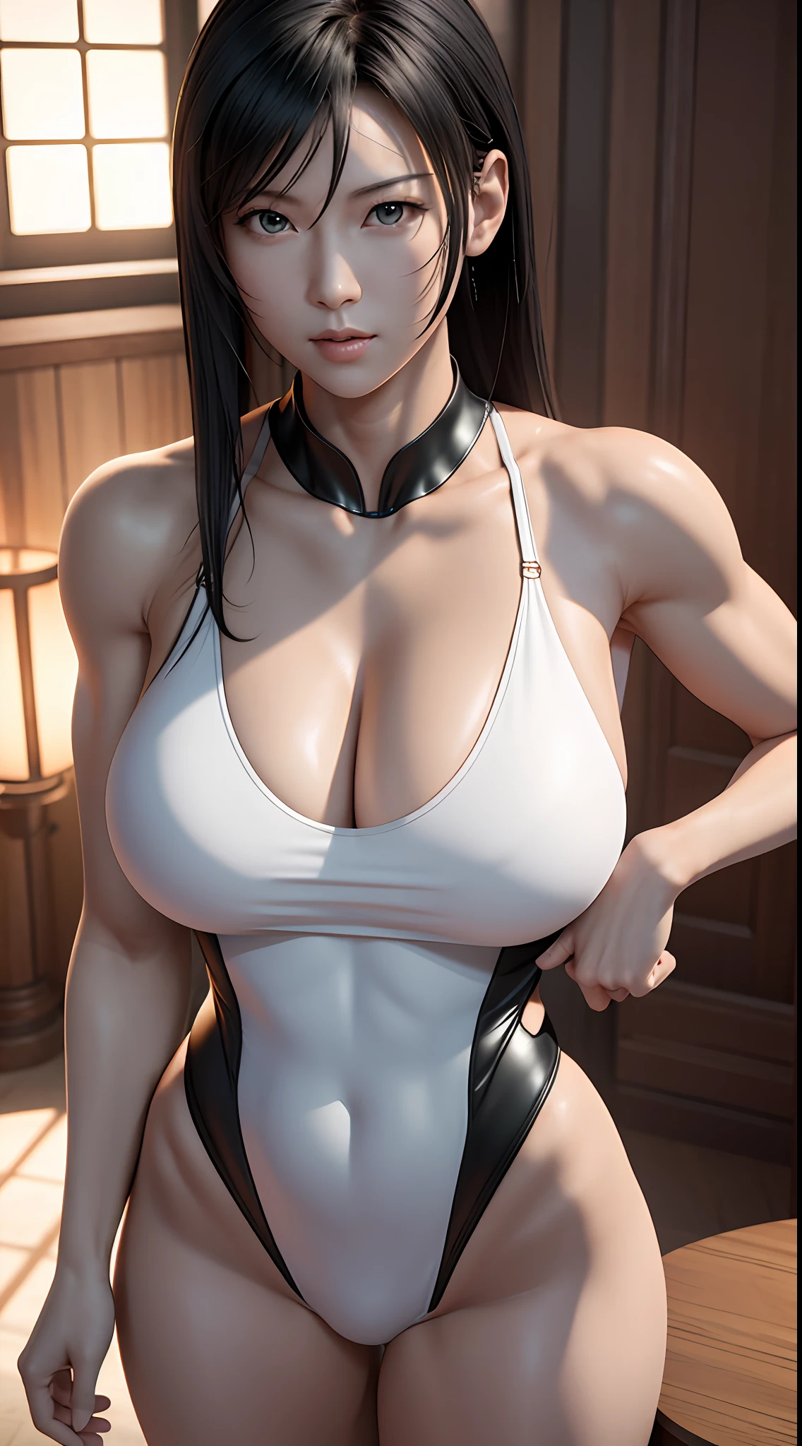 (tmasterpiece), (best qualtiy), 8K分辨率, ultra - detailed, photorealestic, photore, femele, Short black hair,Eight-pack abs,Expose abs,with a well-proportioned body,Toned arms,3DMM style,White super sexy super high fork super deep V three-point one-piece swimsuit,fully body photo,Body facing the camera,arms stretched wide,She has incredibly huge breasts, Firm, full breasts,中景 the scene is