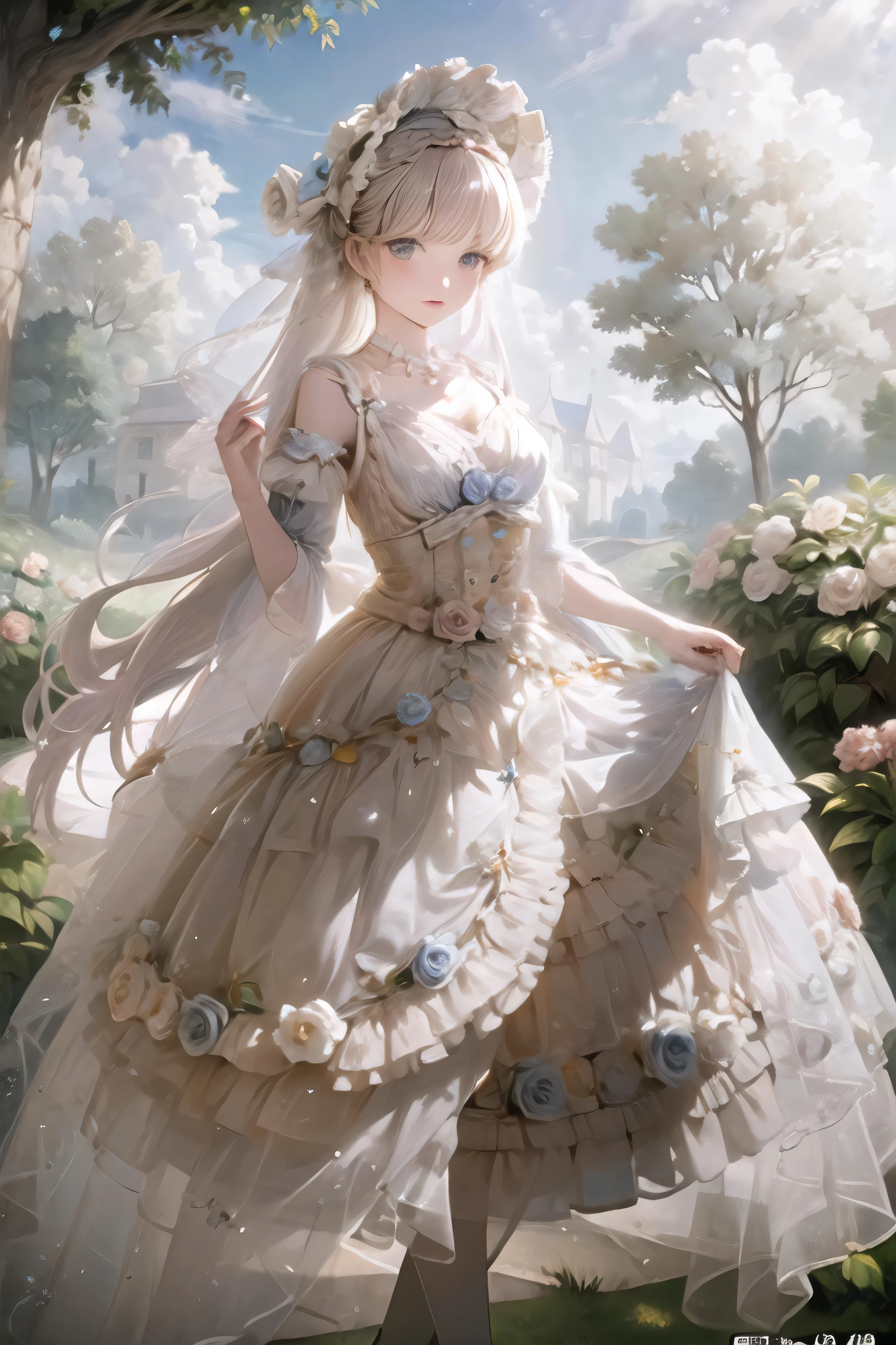 (masterpiece, top quality, best quality, official art, beautiful and aesthetic:1.2), 1girl, long black straight hair, solo, standing in garden, looking at viewer, white ta_dress,
