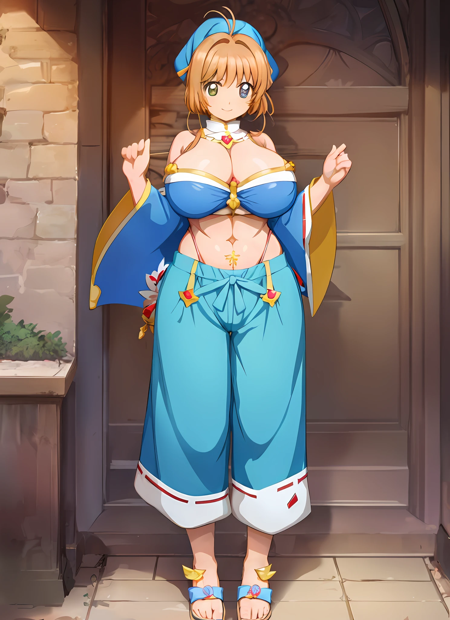 Kinomoto Sakura, femelle mature, magicalgirl, MILF, enormous breast, Sinueuse,long jupe,, Medieval fantasy, sorcier, sourire, rougir,pantalon, Tongs