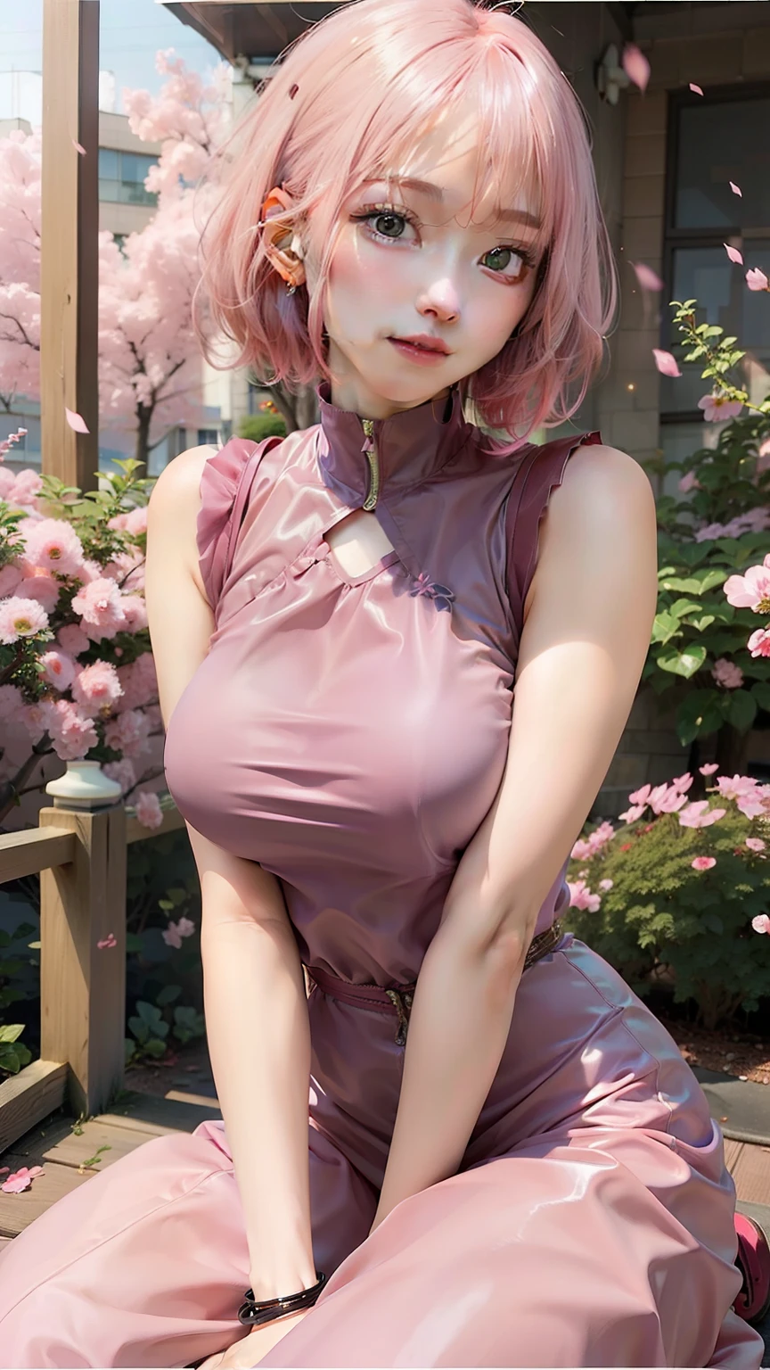 1girl, haruno sakura, pink hair, short hair, green eyes, pink clothes, realistic, ultra detail