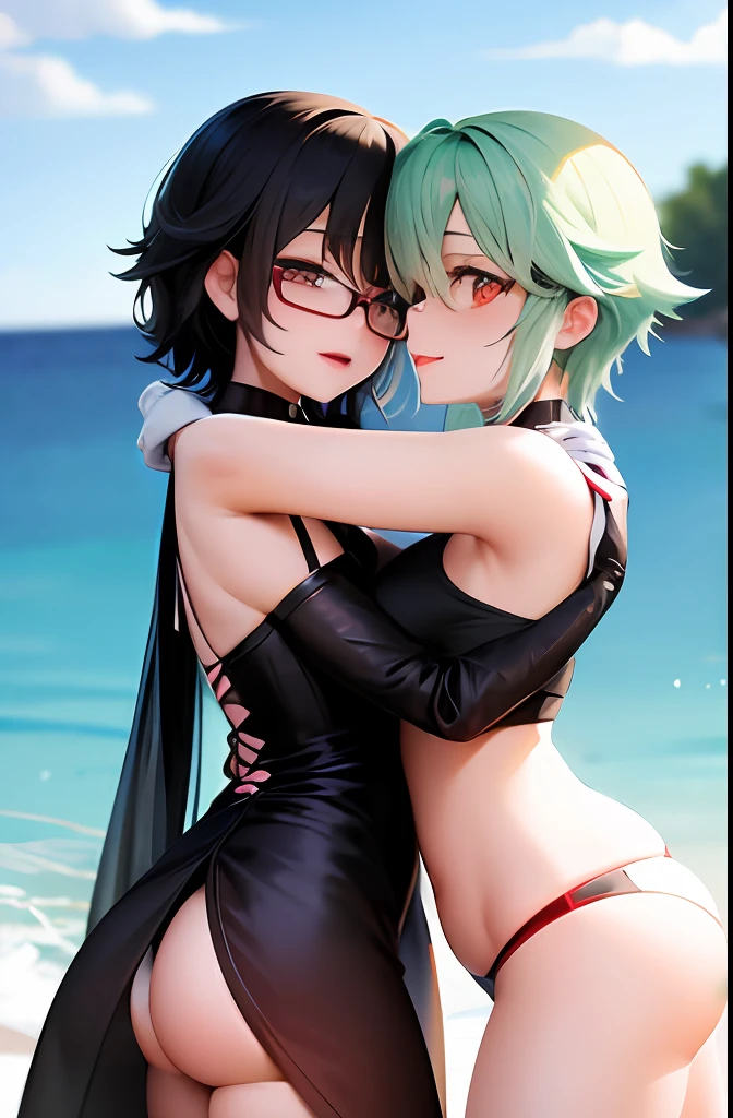 sinon from Sword Art Online, goth girl with black hair and red eyes, 2girls, ocean, smile, white panties, no pants, white stockings, white gloves, glasses, on bed, short hair, kissing