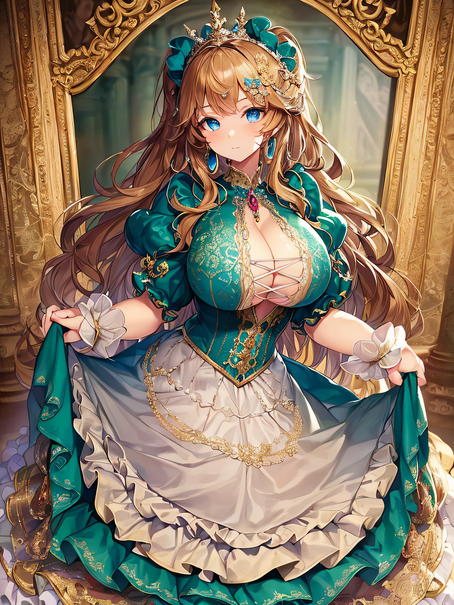 ((anime artstyle)),(Masterpiece),(Best Quality), (Super Detail),((Very Delicate and Beautiful)),((Solo)),((full body)),((1 princess in gorgeousfull rococo dress)),detailed face and eyes,jewel-like eyes,((voluminous Very Long Straight Hair)),(((gigantic tits,Long tits))),curvy,skindentation,((gorgeousfull embroidery and lace)),gorgeous corsage,See-through,gorgeousfull hair ornament,gorgeousfull glitter jeweled tiara,ornate ruffles,((full body)),((hoop skirt,crinoline)),Dynamic Angle,Looking at viewer,(((gorgeous embroidery gorgeousfull rococo dress)),full body