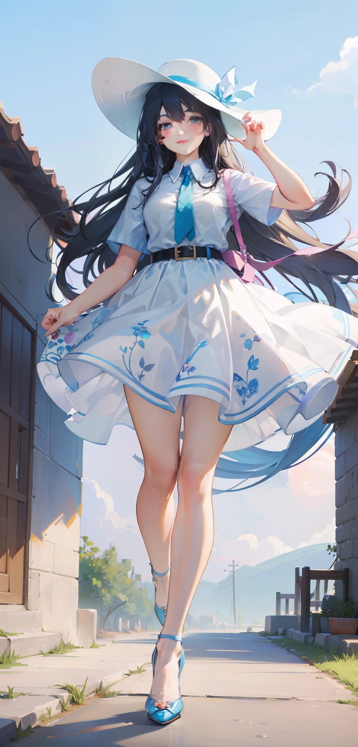 hands back, sexy pose, horny smile, light blue short-sleeved shirt, loli, woman, big breasts, white dress, light blue belt, small floral prints, light blue pointed high heels, white socks, white sun hat Wide Brims, Best Quality, Masterpiece, Illustration, Extremely Delicate and Beautiful, Extremely Detailed, Amazing, Finely Detailed, Masterpiece, Best Quality, Official Artwork, High Resolution, Extremely Detailed, Beautiful Detailed Woman, Thick Legs, Big Thigh , beautiful detailed eyes, light on face