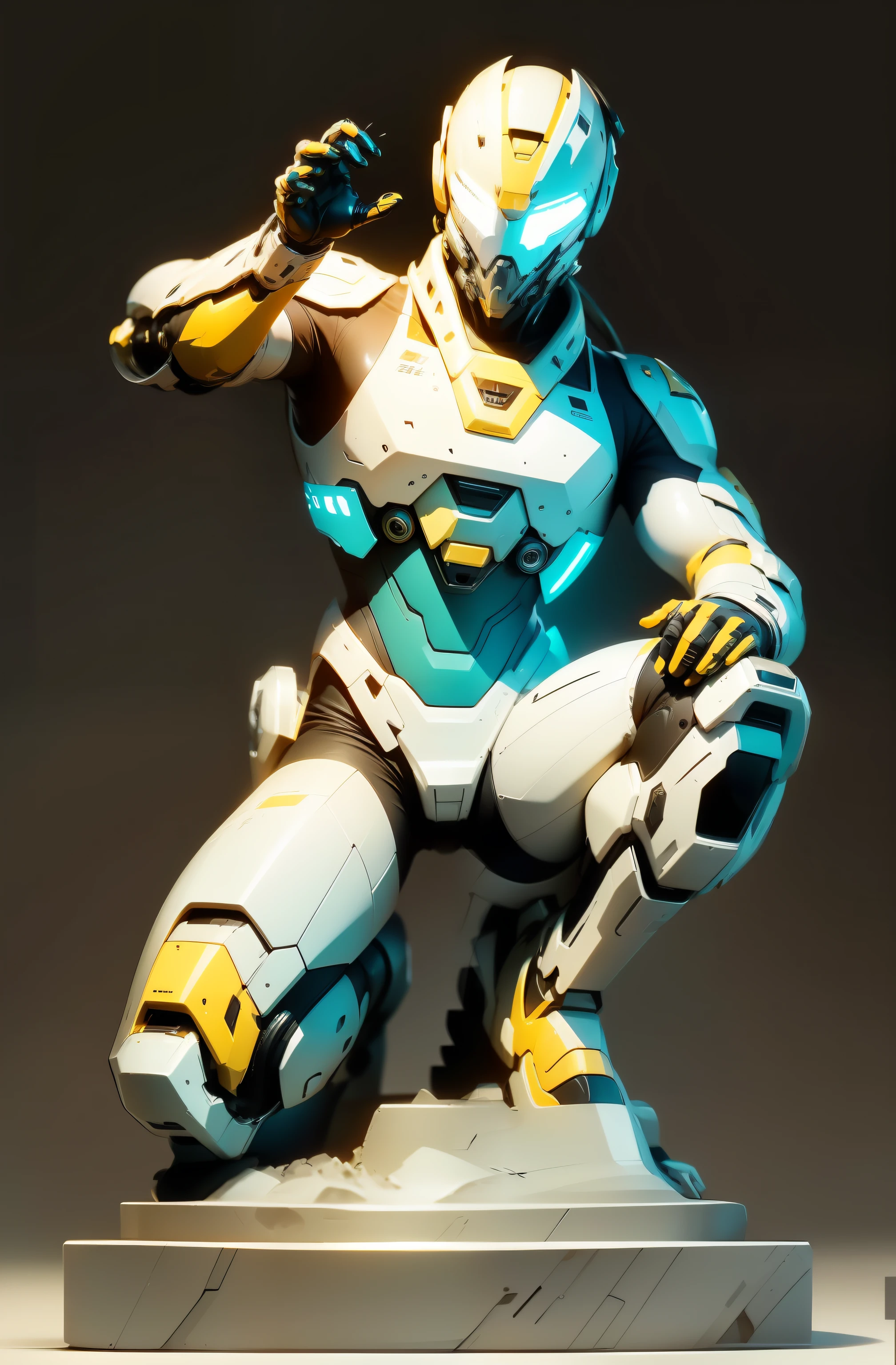 One-knee mech warrior,White, yellow and blue color scheme, Full face helmet,Red eye patch,Wave hello