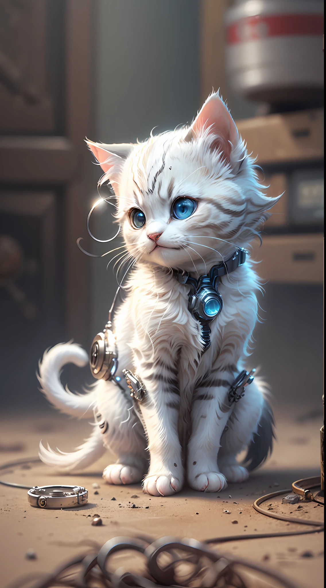 A cute metallic white fur kitten，(Cyborg:1.1)，([Tail|detailed wire]:1.3)，(complexdetails)，hdr，(complexdetails，ultra - detailed:1.2)，Cinema lenses，Halo shadow，at centre，White-haired kitten！！！，red colour，ssmile，Funny，crystal，brightly，shaggy，