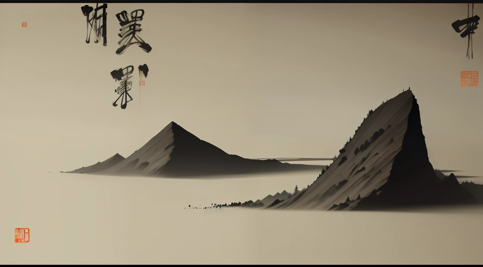 Chinese folk tales,Abstract landscape ink painting,Inspired by Li Keran,The artwork is atmospheric,Dream painting,It means Tai Chi,Abstract black and white