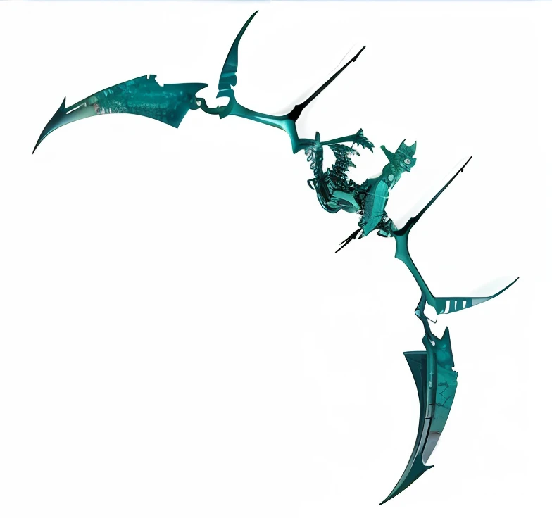 There is a dragon that is flying in the air, a dragon made of machine parts, Wings of Tendril Ethereal Teal, foice enorme, foto hiper-realista de rayquaza, foice fantasia, pterodactyl mecha, sharp robot dragon claws, Asa Ciborgue, dragonfly-shaped, Drone Reaver, foice ornamentada longa e detalhada, 3/4 vista de baixo