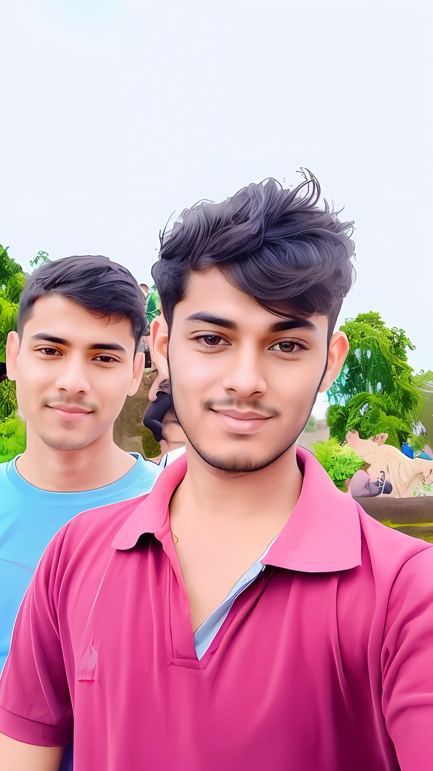 there are two handsome boy standing next to each other in a park, two young men, with accurate face, candid picture, jayison devadas, ghutra and egal, very clear picture, ayan nag, with village, selfie photo, very accurate photo, photo taken in 2 0 2 0, face picture, facebook post, roshan, clean image, student , blue sky , sun shining, perfect photography, realistic, high quality, Natural, 8k.