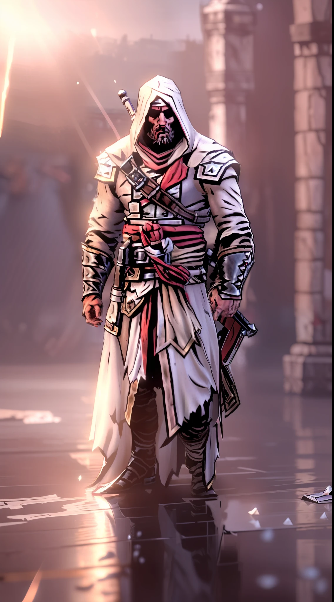 Ezio Auditore, Assassins Creed, white assassin robe, hidden blades, full body, rain, Roma, tearing up, despair, Renaissance, drop shadow, reflection light, god rays, sparkle, border, award winning, high quality, super detail, anatomically correct, masterpiece, highres, 8k, atmospheric perspective, masterpiece