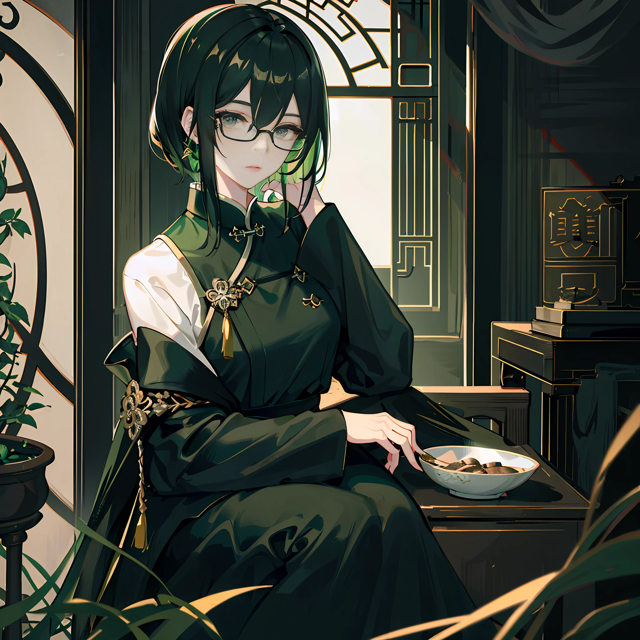 Black eyes,(Masterpiece, side-lighting, Ultra-detailed, fine detailed beautiful eyes: 1.2), Kizi,Dark green hair,short detailed hair,Chinese outfit,Indifferent expression,the night,Black glasses,closeup of face