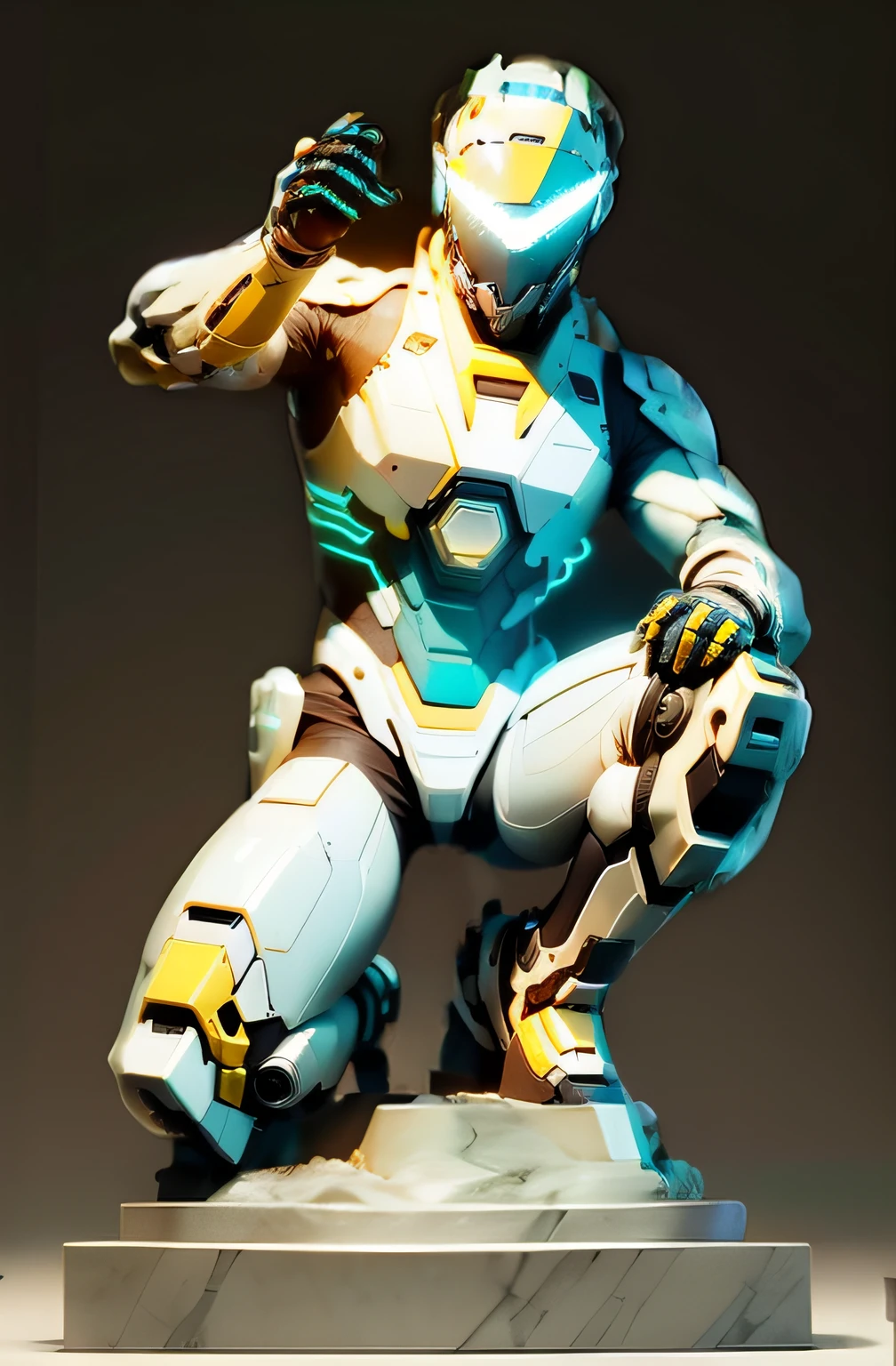 One-knee mech warrior,White, yellow and blue color scheme, Full face helmet,Red eye patch,Wave hello