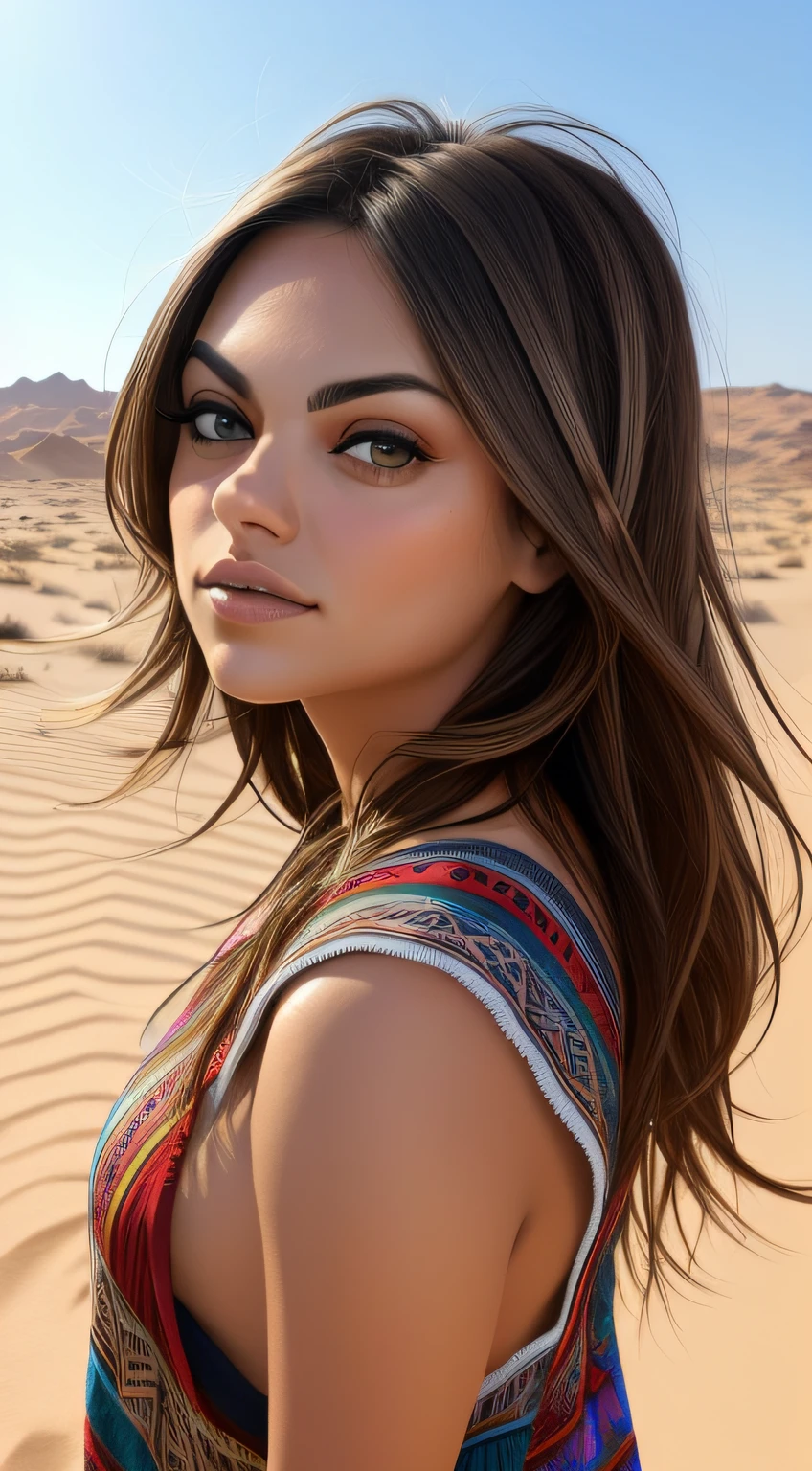 (obra-prima: 1.2), (melhor qualidade: 1.2), olhos perfeitos, rosto perfeito, perfect  lighting, Photo Session, Mila Kunis , mature female wearing SSAHC, SSAHC, de pele escura, Vestido tribal colorido, cocar, bushy eyelashes, maquiagem, sombra, mid hair, oasis, deserto fundo detalhado ao ar livre