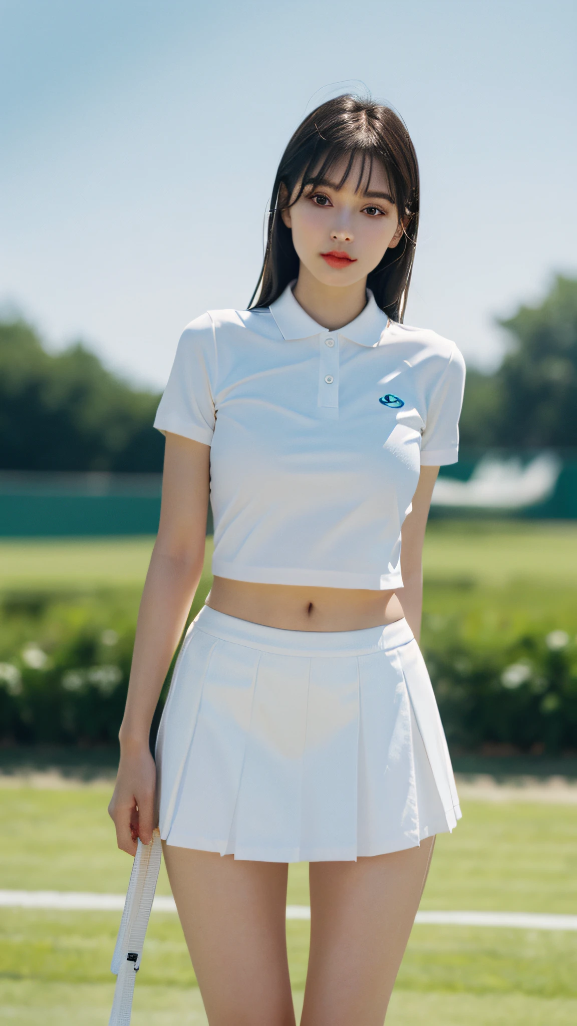 1girll, 独奏, White polo shirt, White sneakers, tennis wear, white mini-skirt, tmasterpiece, Best quality at best, realisticlying, ultra - detailed, (shiny skins, perspired:1.4), looking at viewert, with short black hair, with brown eye,slenderness,Dynamic light and shadow,A high resolution,Sharp focus,depth of fields,The eyes are delicate,Sharp pupils,pupil realistic,(smallunderboob:1.3),(Thigh thick:1.0),dual horsetail，exteriors,Skysky