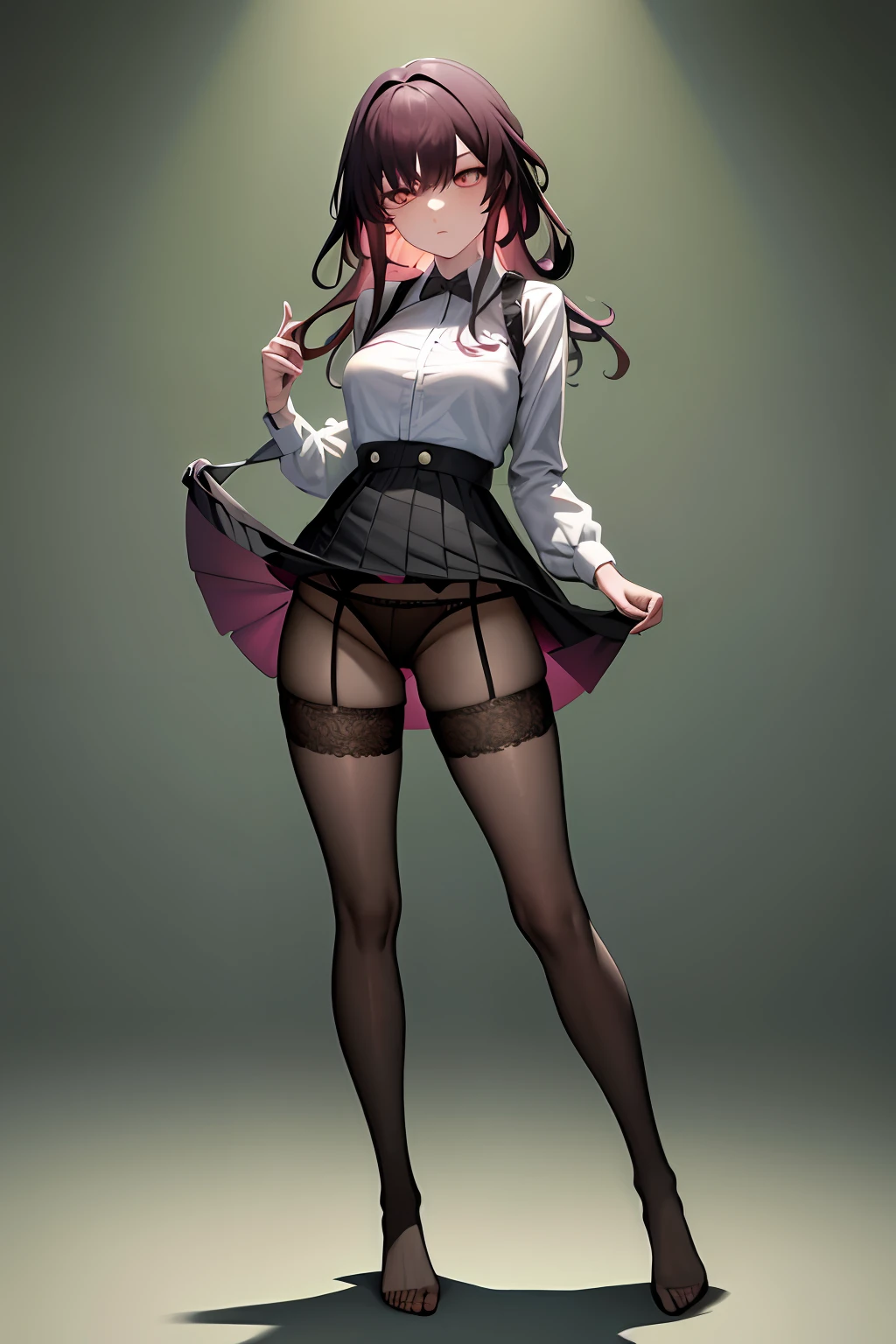 Masterpiece, Best quality, absurderes, Perfect anatomy, 1girll, Solo, KafkaHSR,, bangs, Long hair,are standing,lace panty,Hosiery,Expression of disgust,abandon,are standing,satisfy,lace panty,Black panty,Leaky panties(Expression of disgust:1.3)Lift the skirt,Full body photo,Slender figure,legs focus,vred,feet focus