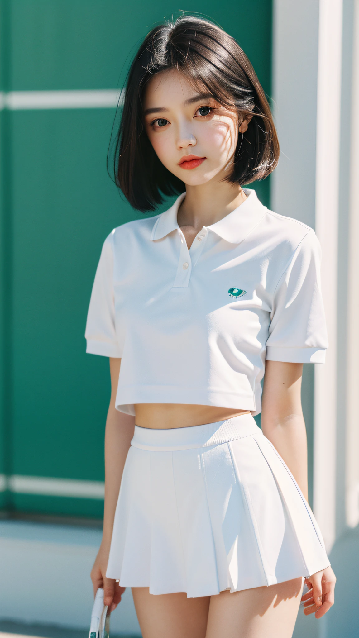 1girll, 独奏, White polo shirt, White sneakers, tennis wear, white mini-skirt, tmasterpiece, Best quality at best, realisticlying, ultra - detailed, (shiny skins, perspired:1.4), looking at viewert, with short black hair, with brown eye,slenderness,Dynamic light and shadow,A high resolution,Sharp focus,depth of fields,The eyes are delicate,Sharp pupils,pupil realistic,(smallunderboob:1.3),(Thigh thick:1.0),dual horsetail,exteriors,Skysky