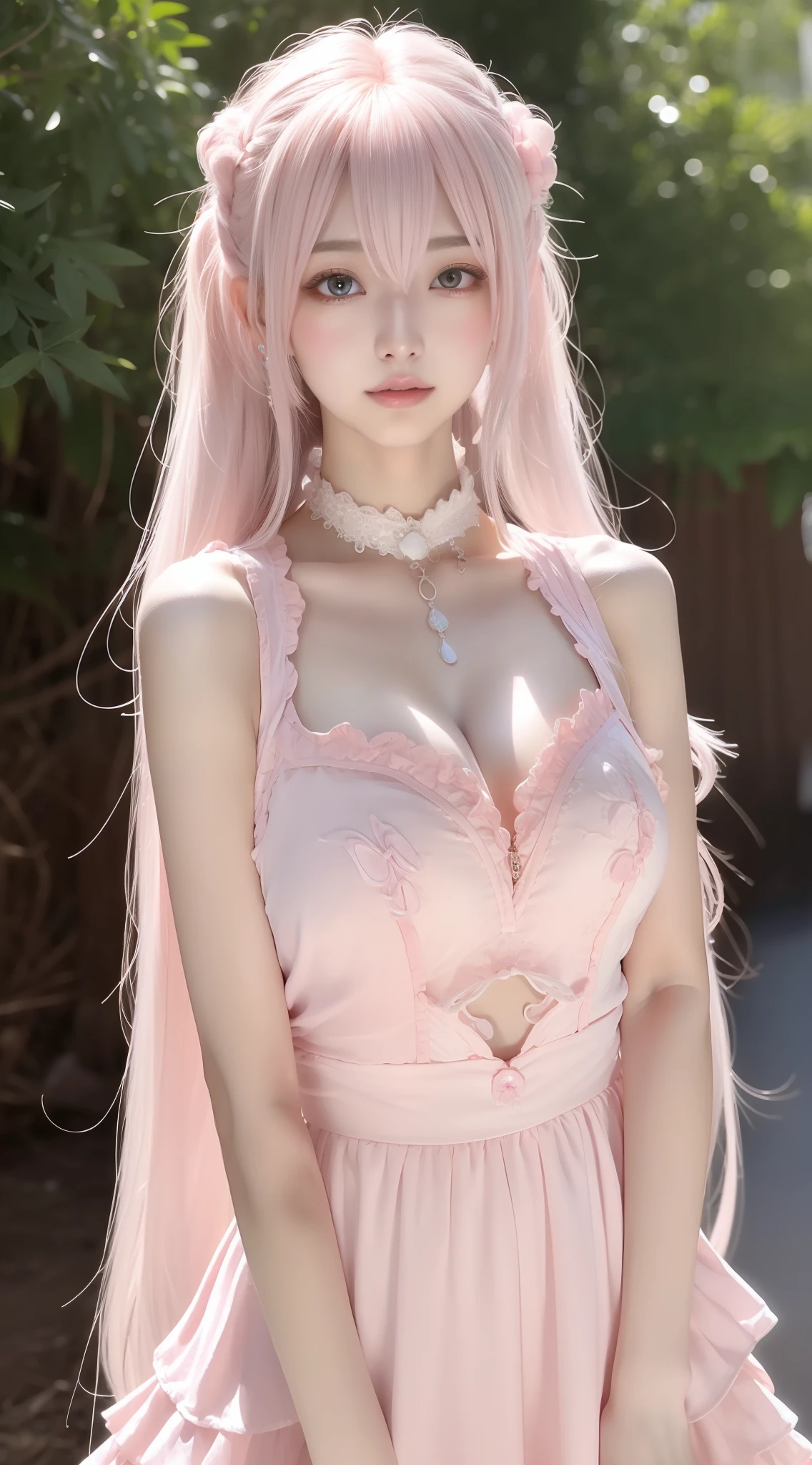 perfect figure beautiful woman:1.4,Layered Hair Style,Protruding cleavage,Pink 2D costume:1.5,Highly Detailed Face and Skin Textur,二重まぶた,Whiten the skin,long whitr hair,playing water,Collar