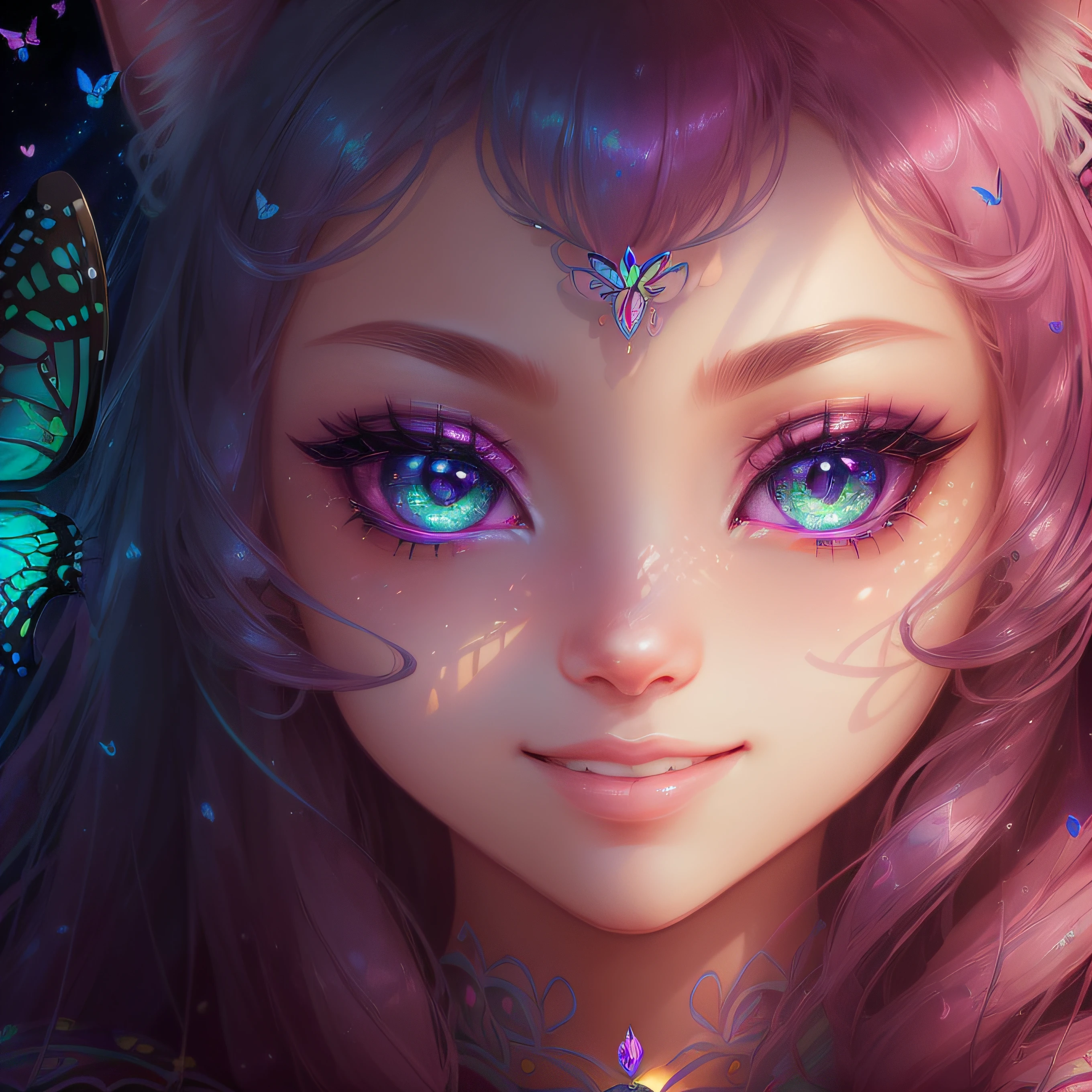 (eyes with a clear large round outline,,,,、Sapphire green eyes,、Glowing eyes、Eye Gloss)(cackle、Raise the corners of your mouth and smile、Open lips、teeth are slightly visible、Pink lips、lipgloss)close-up of the smile face、grin、dreamlikeart、Highly detailed airbrush art、intricate detailes、Volumetric lighting、top-quality、The ultra-detailliert、The composition of the movement、Highly detailed colorful details、Irridescent color、Bright lighting、dream-like、Magical、dynamic compositions、The mirror reflects light、Shallow depth of field、ultra-detailliert、mixing exposure、Super masterpiece、vivd colour、colourfull、One woman's face、I have a cute cat、Anthropomorphic representation、Rich colors、exquisitedetails、(butterflys,Exquisite butterflies,Ultra CG), (High resolution:1.5)、Colorful、Enchanting sunsets、Dynamic and breathtaking scenes、