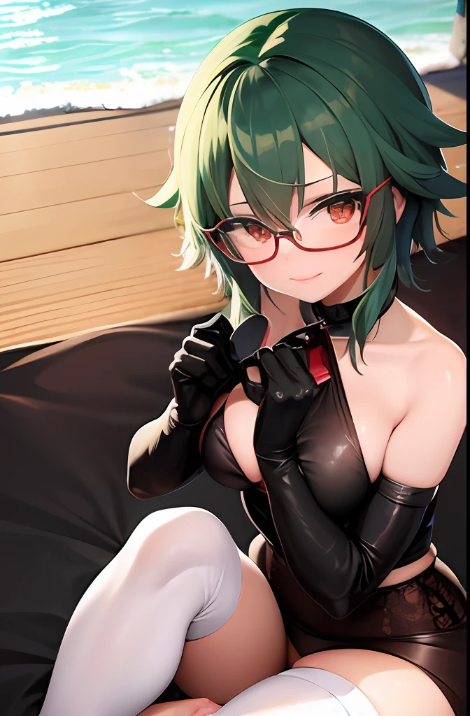 sinon from Sword Art Online, goth girl with black hair and red eyes, 2girls, ocean, smile, white panties, no pants, white stockings, white gloves, glasses, on bed, short hair, kissing