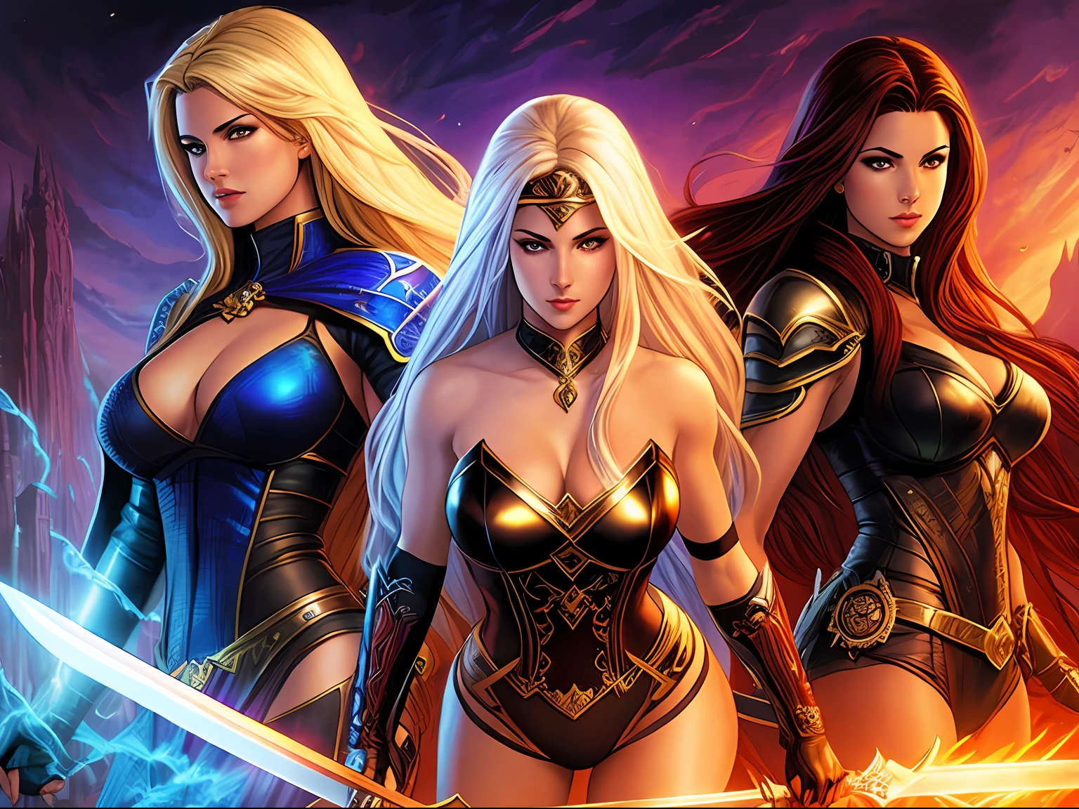 A picture of a woman with a sword and two other women, as illustrated in top cow comics, zenescope, inspired by Mark Brooks, Inspired by Clyde Caldwell, adrian smith fantasy art, Fantasy comics, Inspired by Earl Norem, author:Mark Brooks, comic cover art, tyler edlin fantasy art, pinup. lord of daggers