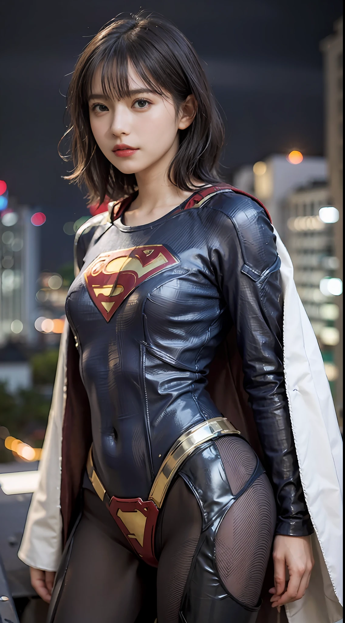 Best Quality, masutepiece, (Photorealistic:2), Ultra High Resolution, Highly detailed, A hyper-realistic, 1girl in, ((Supergirl suit in white)), (Superman's Long Cloak), Spider-Man pattern, colourfull_hair、(((very_short_hair))), Short hair, Slim body, Full Shot, Looking at Viewer, Night, ((On the roof of a high-rise building)), Rain, Dark Scene, Dark atmosphere, light neon, myst, cloudy, Lightning, Detailed background