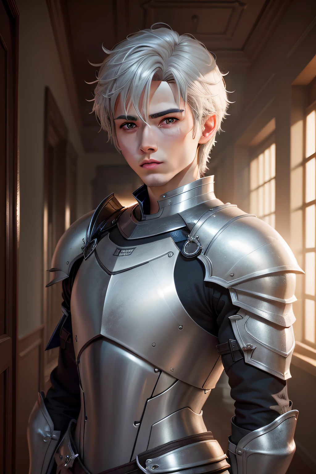 ((best qualtiy)), ((tmasterpiece)), (the detail:1.4),A handsome 18-year-old knight male image, Silver hair,Short,Silver-blue armor,HDR(HighDynamicRange),Ray traching,NVIDIA RTX,Super-Resolution,Unreal 5,Subsurface scattering、PBR Texture、post-proces、Anisotropy Filtering、depth of fields、maximum definition and sharpness、Many-Layer Textures、Albedo e mapas Speculares、Surface Coloring、Accurate simulation of light-material interactions、perfectly proportions、Octane Render、Two-colored light、largeaperture、Low ISO、White balance、the rule of thirds、8K RAW、