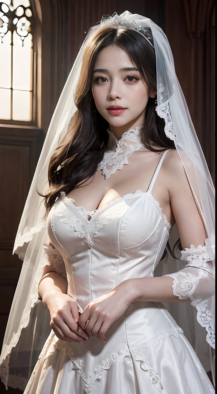 Official Art, Unity 8k wallpaper, super detailed, beautiful, beautiful, masterpiece, best quality,
soft, atmospheric, warm, romantic, happiness, literature, art, fashion, victorian, decoration, intricate, ironwork, white lace, wedding dress, veil, contemplation, emotional depth, supernatural, smile, big breasts,