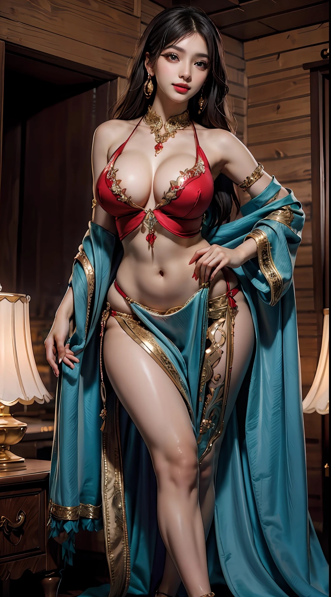 Arabian woman with bare shoulders in a seductive belly dancer dress. She has captivating red lips, striking makeup, and alluring earrings and jewelry. Her gaze is fixed upon the viewer, showcasing her sexy legs