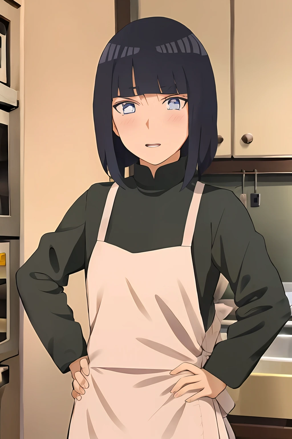 anime character in kitchen with apron and oven in background, hinata hyuga, hinata hyuga from naruto, anime moe artstyle, official art, inspired by Maki Haku, anime still, kotegawa yui, anime visual of a cute girl, inspired by Li Shida, tanjiro kamado, from naruto, shikamimi