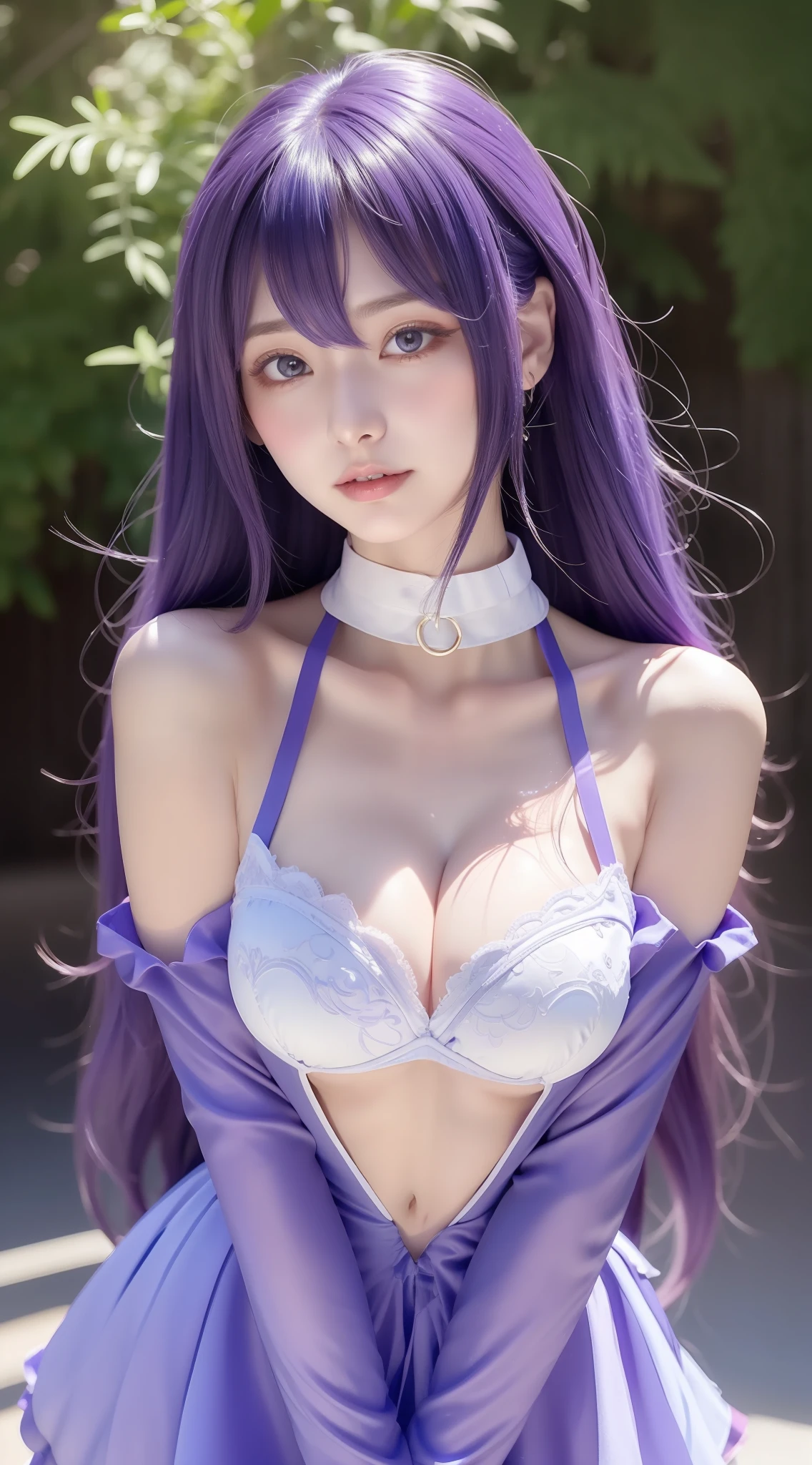 perfect figure beautiful woman:1.4,Layered Hair Style,Protruding cleavage,Purple 2D costume:1.5,Highly Detailed Face and Skin Textur,二重まぶた,Whiten the skin,long whitr hair,playing water,Collar